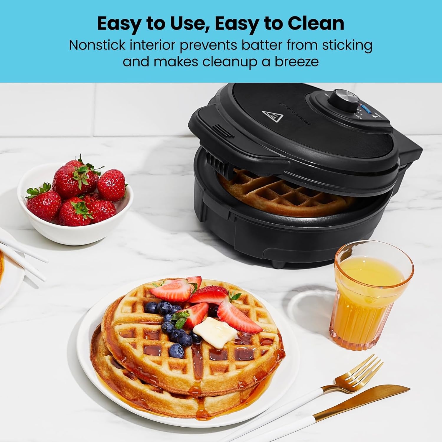 image:imageChefman AntiOverflow Waffle Maker Belgian Waffle Iron with Seven Crunch Selector Settings MessFree Moat Catches Excess Batter Nonstick Electric Single Griddle Mold Makes 6Inch Round Waffles
