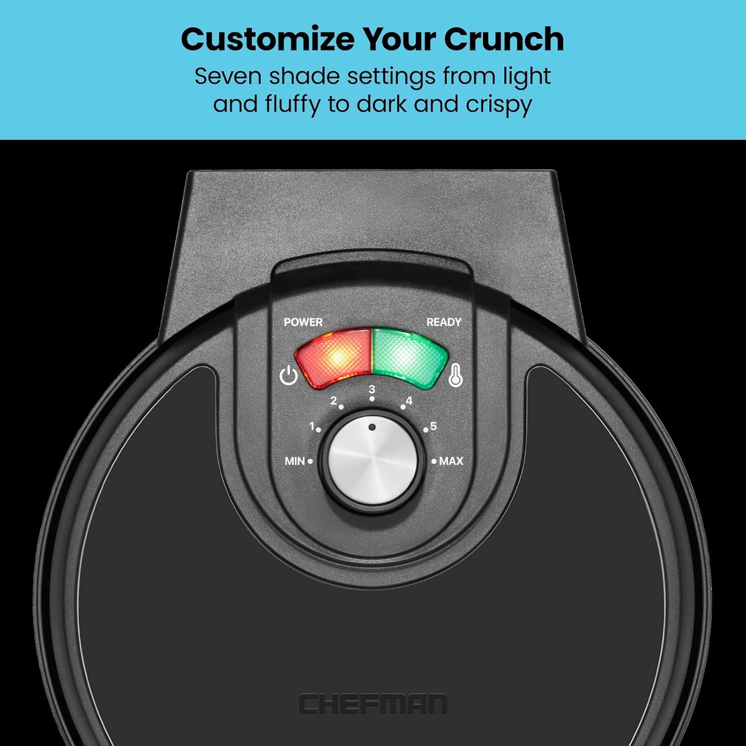 image:imageChefman AntiOverflow Waffle Maker Belgian Waffle Iron with Seven Crunch Selector Settings MessFree Moat Catches Excess Batter Nonstick Electric Single Griddle Mold Makes 6Inch Round Waffles