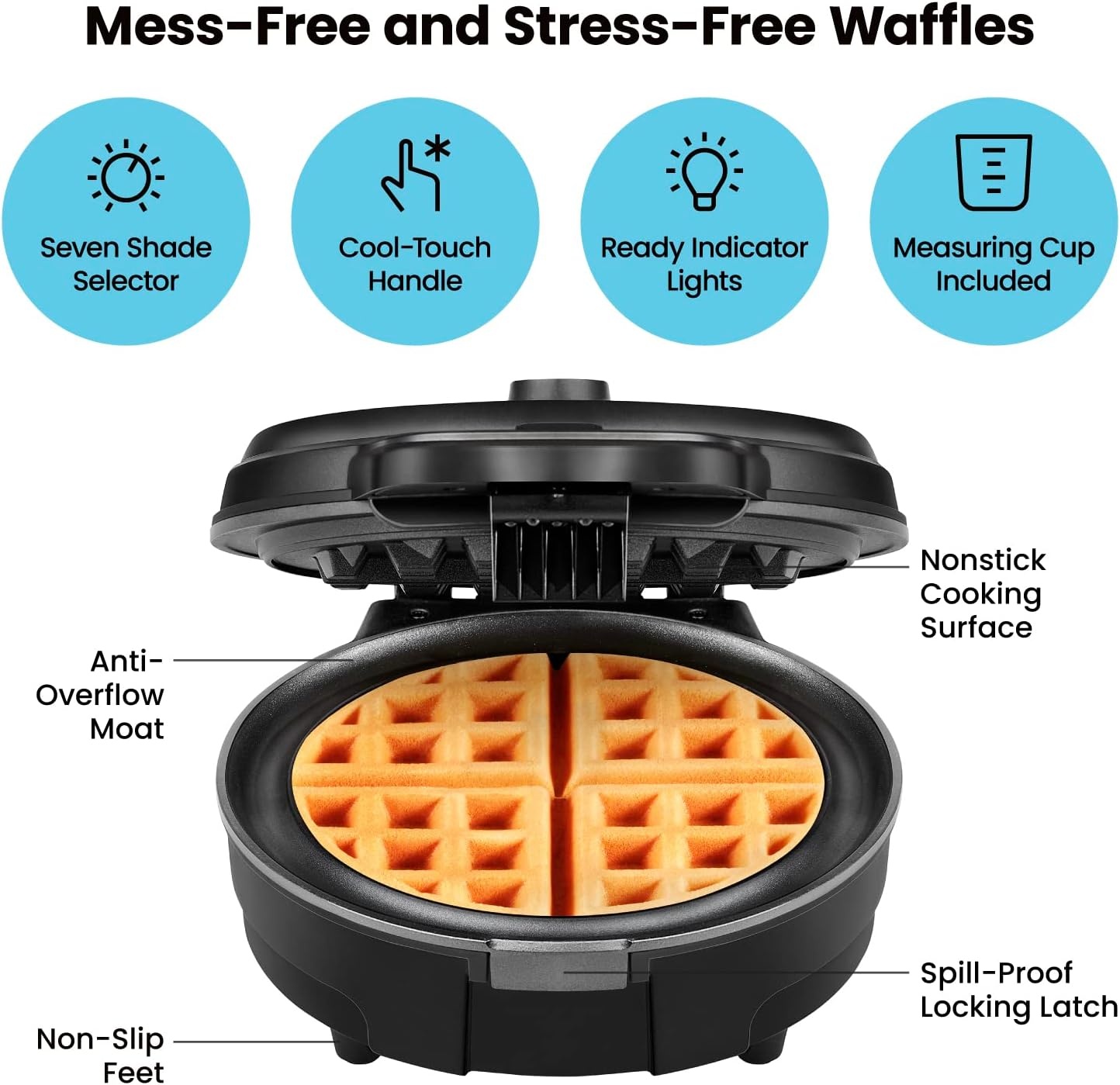 image:imageChefman AntiOverflow Waffle Maker Belgian Waffle Iron with Seven Crunch Selector Settings MessFree Moat Catches Excess Batter Nonstick Electric Single Griddle Mold Makes 6Inch Round Waffles