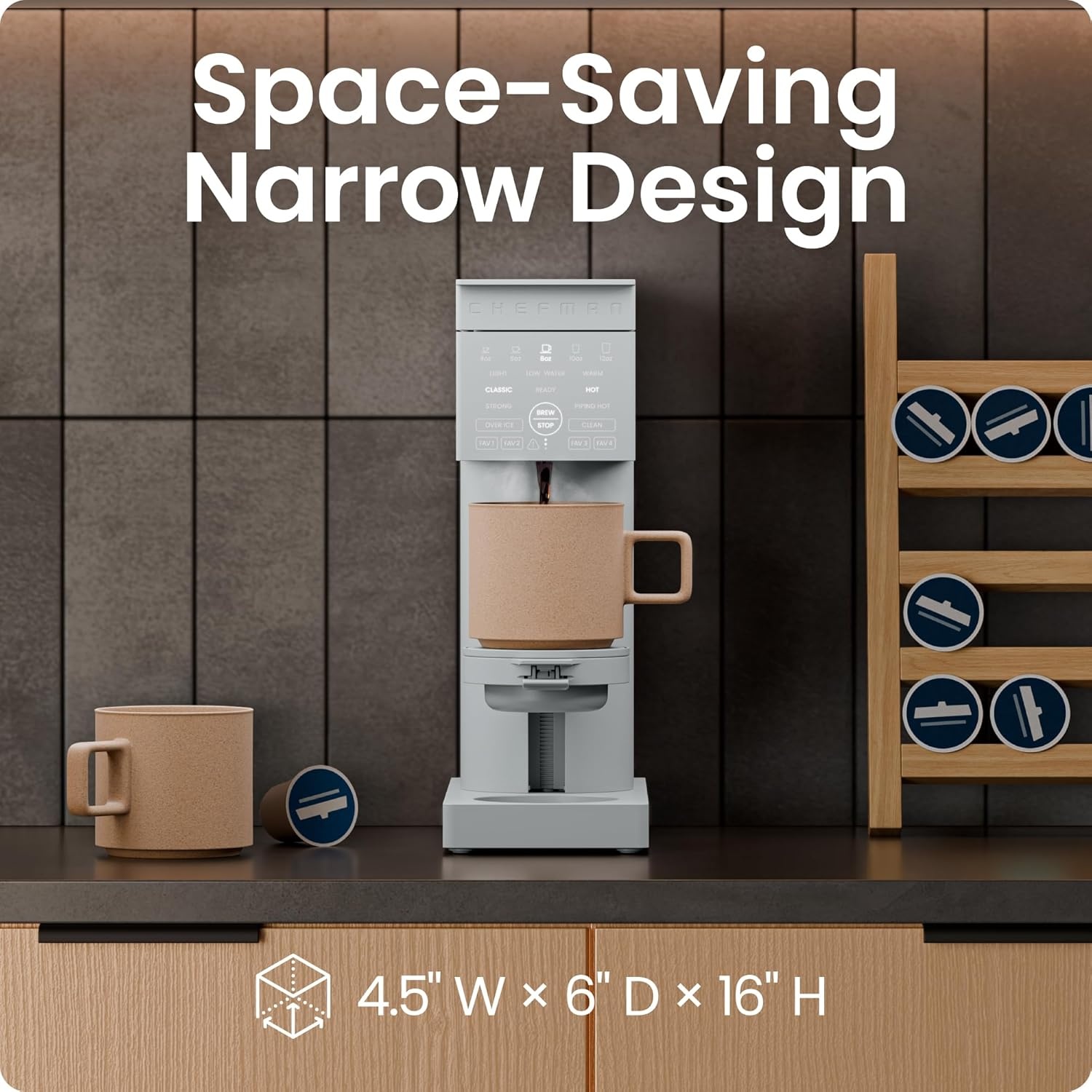 image:imageChefman Caffeinator Single Serve Coffee Maker Brew Kcups amp Grounds Drip Coffee Machine with Brew Strength Settings Iced Coffee Function 45 oz Removable Water ReservoirConcrete