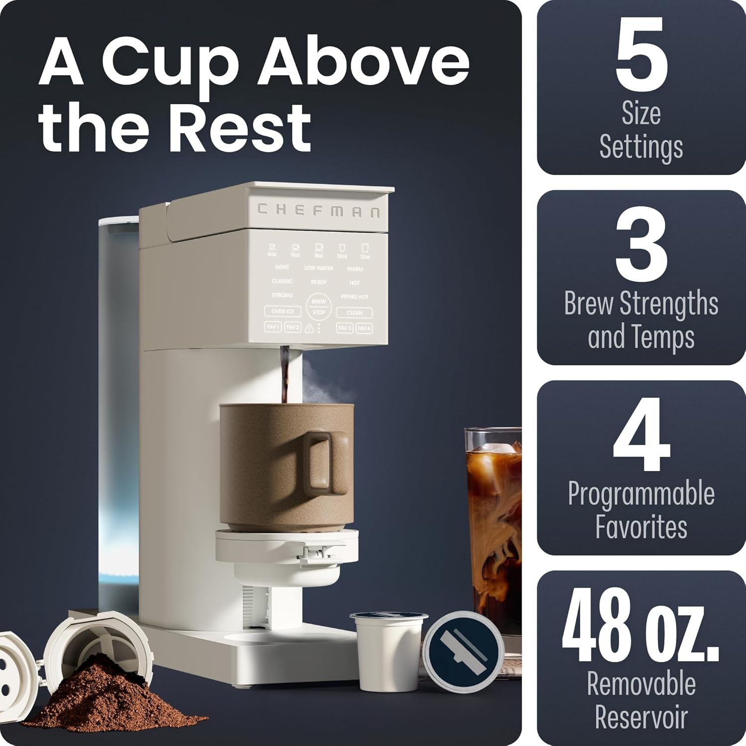 image:imageChefman Caffeinator Single Serve Coffee Maker Brew Kcups amp Grounds Drip Coffee Machine with Brew Strength Settings Iced Coffee Function 45 oz Removable Water ReservoirConcrete