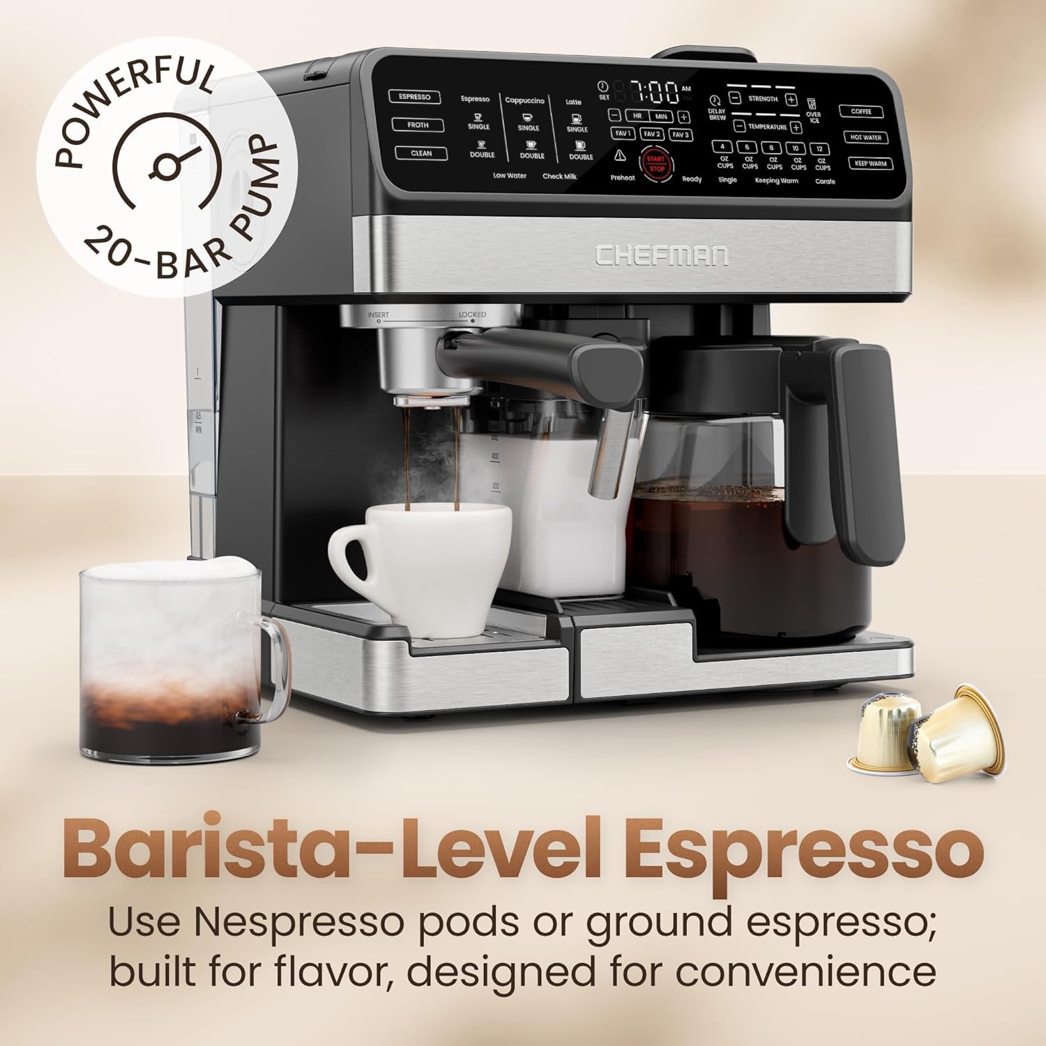 image:imageChefman Coffee Maker Espresso Machine Combo OmniBrew 8in1 Coffee Station with Automatic Milk Frother for Lattes Cappuccinos Macchiatos 12Cup Carafe and 3L Removable Water Tank Black