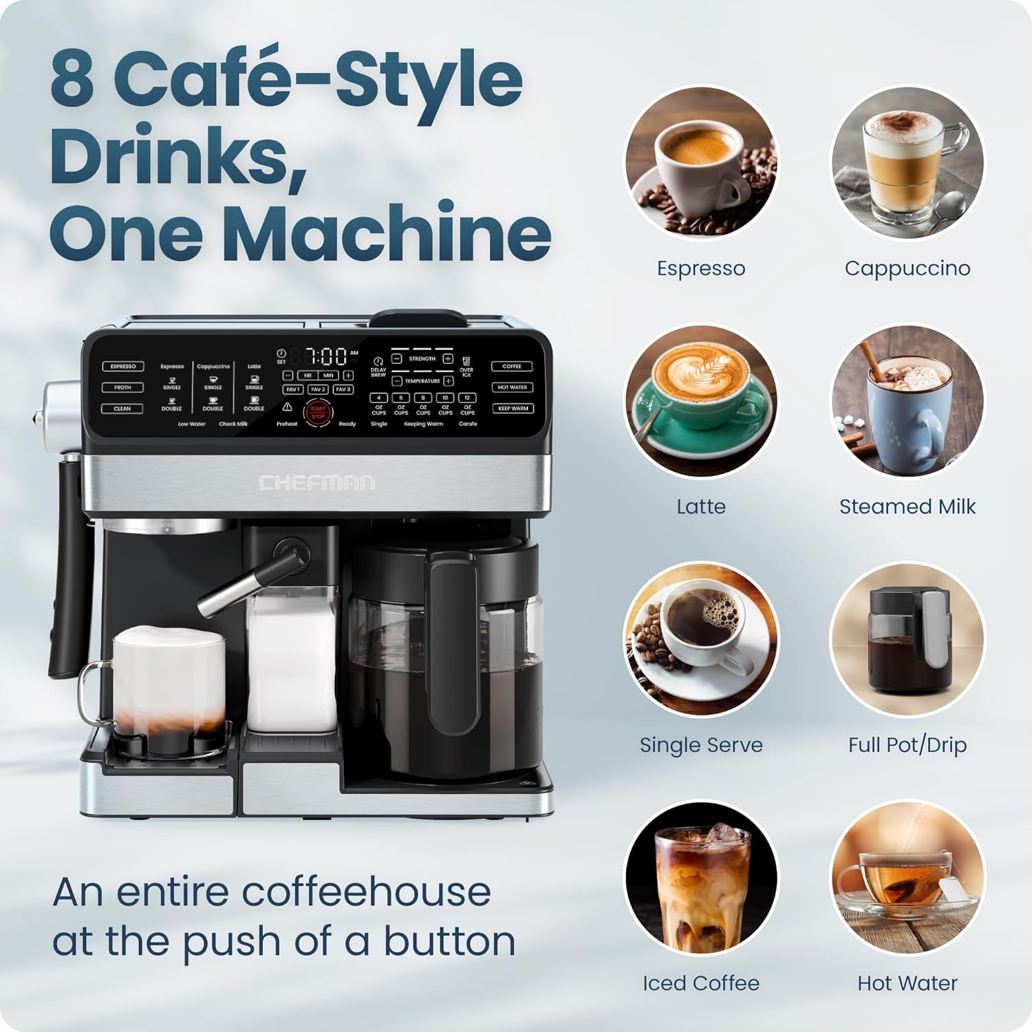 image:imageChefman Coffee Maker Espresso Machine Combo OmniBrew 8in1 Coffee Station with Automatic Milk Frother for Lattes Cappuccinos Macchiatos 12Cup Carafe and 3L Removable Water Tank Black