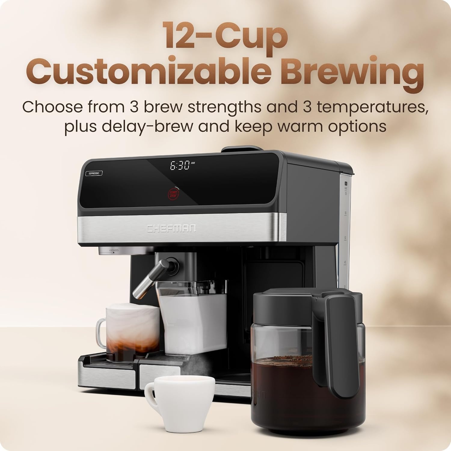 image:imageChefman Coffee Maker Espresso Machine Combo OmniBrew 8in1 Coffee Station with Automatic Milk Frother for Lattes Cappuccinos Macchiatos 12Cup Carafe and 3L Removable Water Tank Black