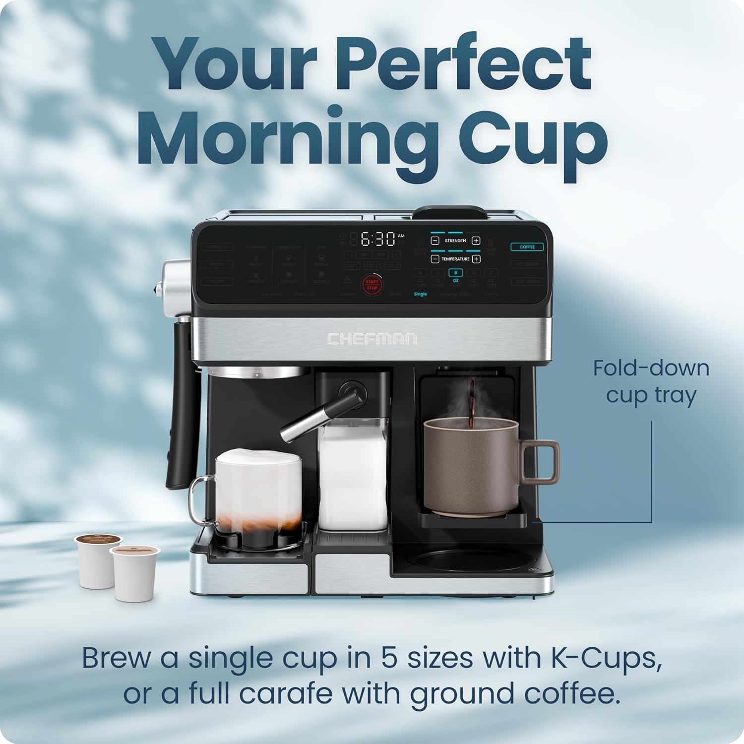image:imageChefman Coffee Maker Espresso Machine Combo OmniBrew 8in1 Coffee Station with Automatic Milk Frother for Lattes Cappuccinos Macchiatos 12Cup Carafe and 3L Removable Water Tank Black