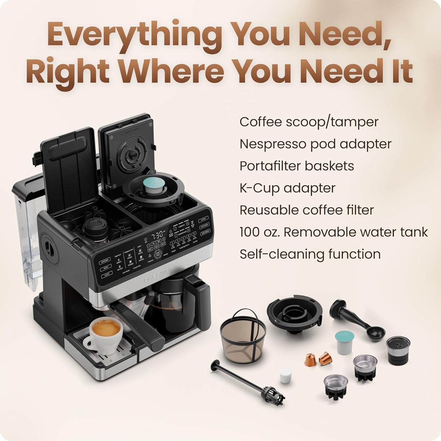 image:imageChefman Coffee Maker Espresso Machine Combo OmniBrew 8in1 Coffee Station with Automatic Milk Frother for Lattes Cappuccinos Macchiatos 12Cup Carafe and 3L Removable Water Tank Black