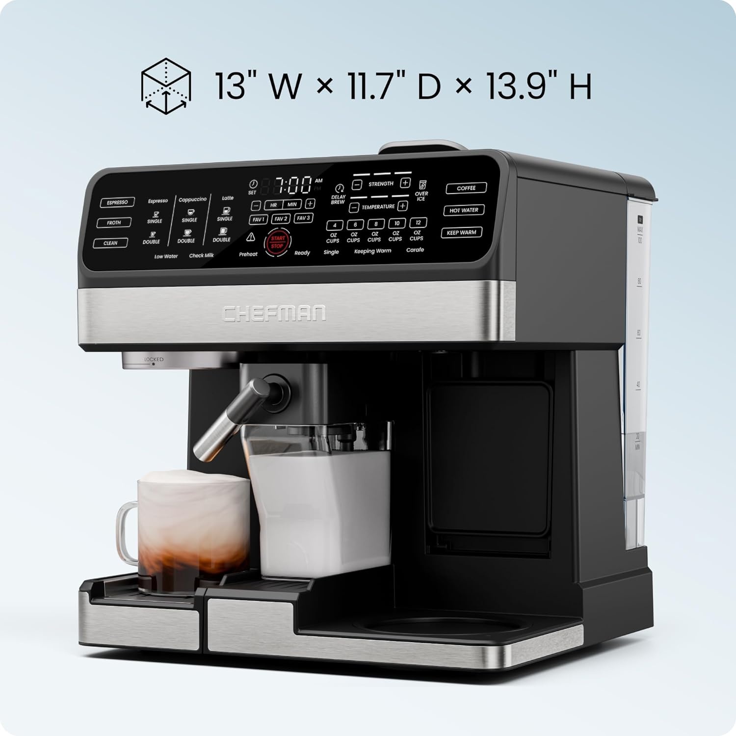 image:imageChefman Coffee Maker Espresso Machine Combo OmniBrew 8in1 Coffee Station with Automatic Milk Frother for Lattes Cappuccinos Macchiatos 12Cup Carafe and 3L Removable Water Tank Black