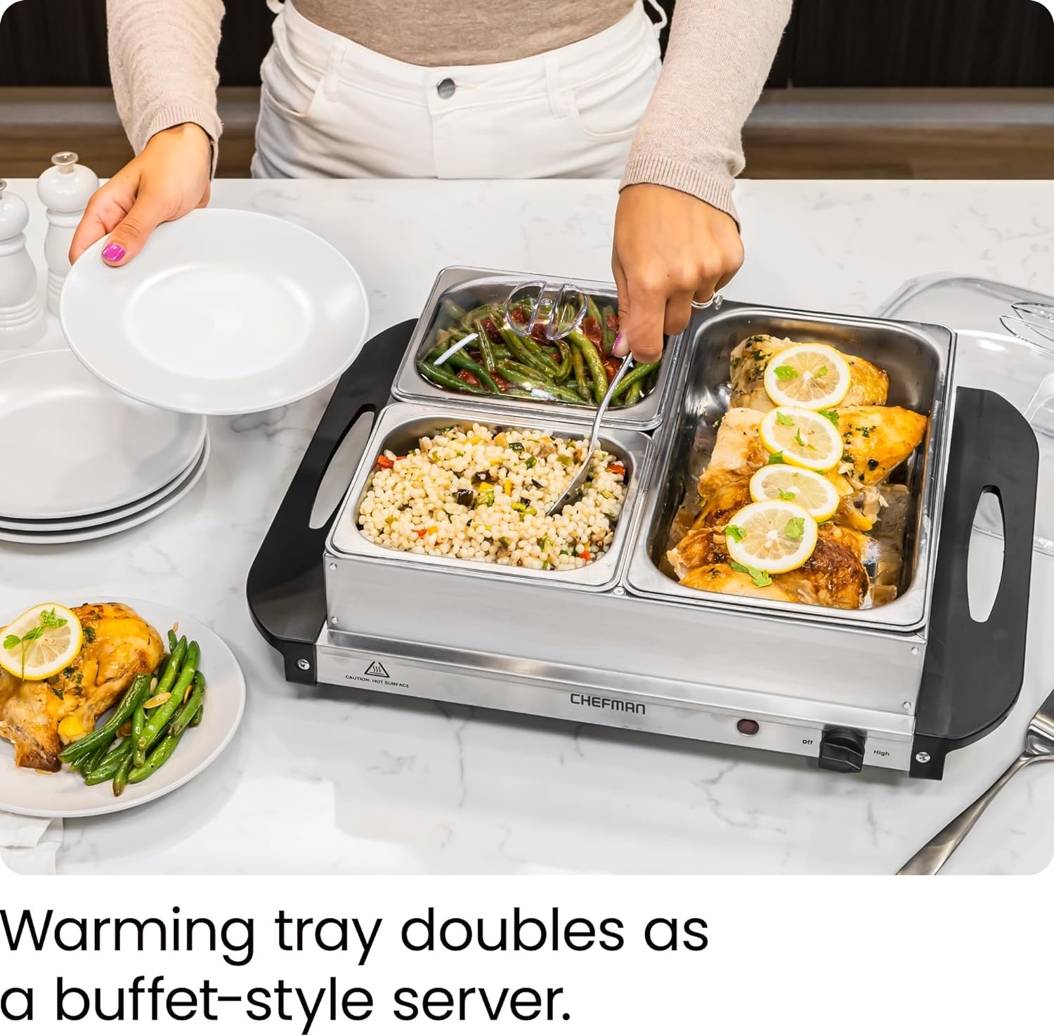 image:imageChefman Compact Glasstop Warming Tray with Adjustable Temperature Control Perfect for Buffets Restaurants Parties Events Home Dinners and Travel Mini 15x12 Inch Surface Keeps Food Hot BlackBuffet 14 x 14