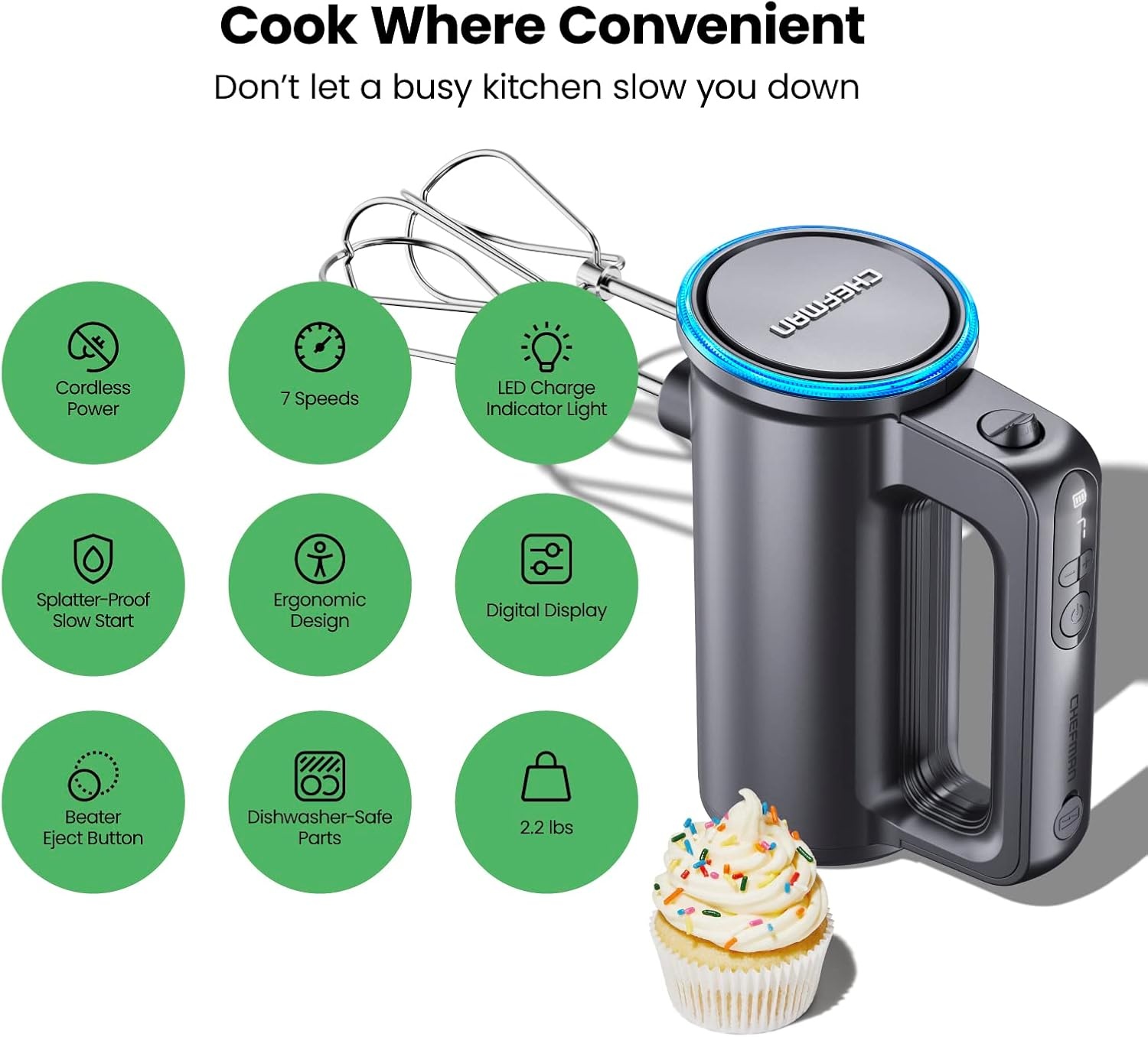 image:imageChefman Cordless Hand Mixer 7 Speed Electric Handheld Kitchen Food Mixer Easily Whisk Eggs Whip Cream or Mix Cookie Dough Digital Display Dishwasher Safe Parts and LED Charge Indicator LightCordless Hand Mixer