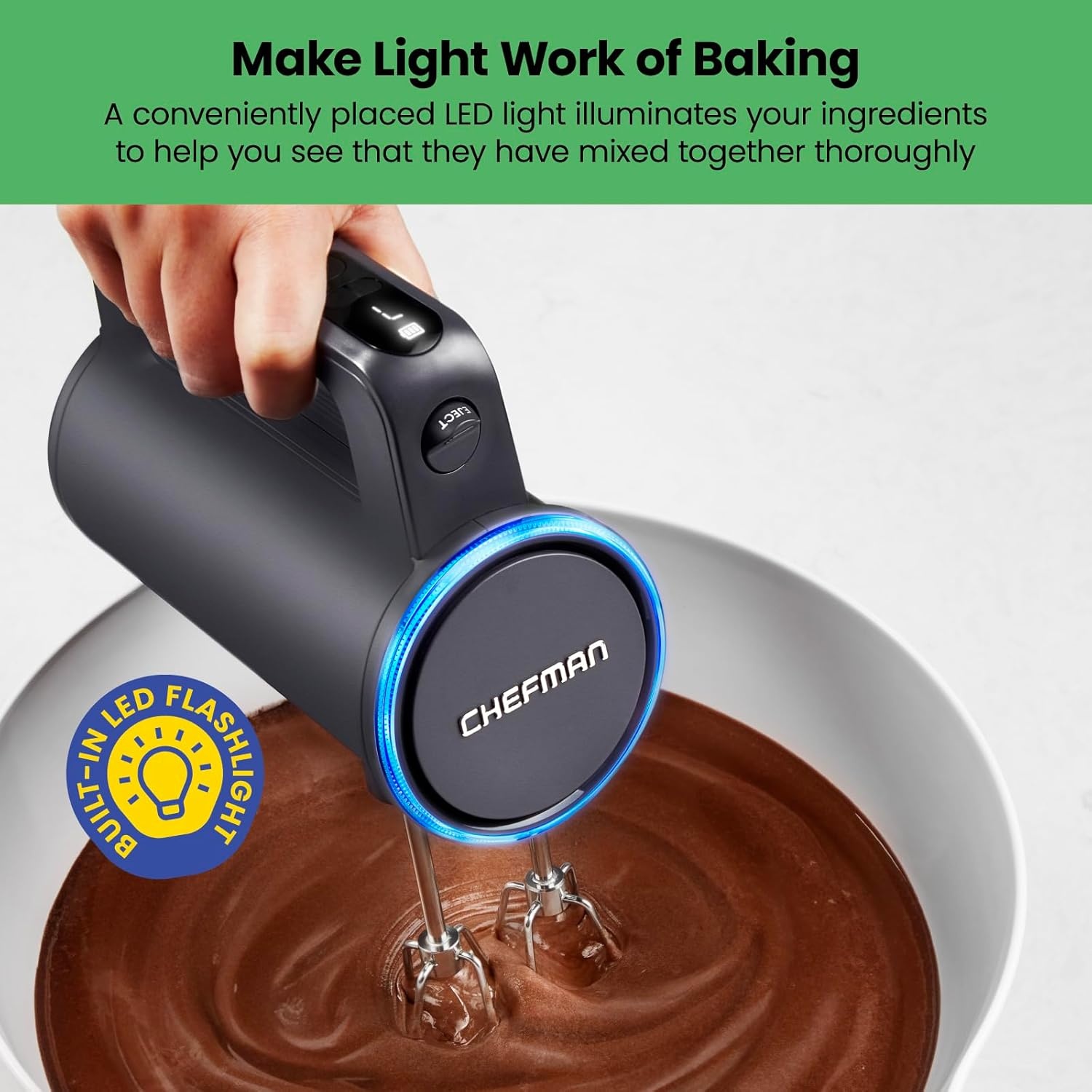 image:imageChefman Cordless Hand Mixer 7 Speed Electric Handheld Kitchen Food Mixer Easily Whisk Eggs Whip Cream or Mix Cookie Dough Digital Display Dishwasher Safe Parts and LED Charge Indicator LightCordless Hand Mixer