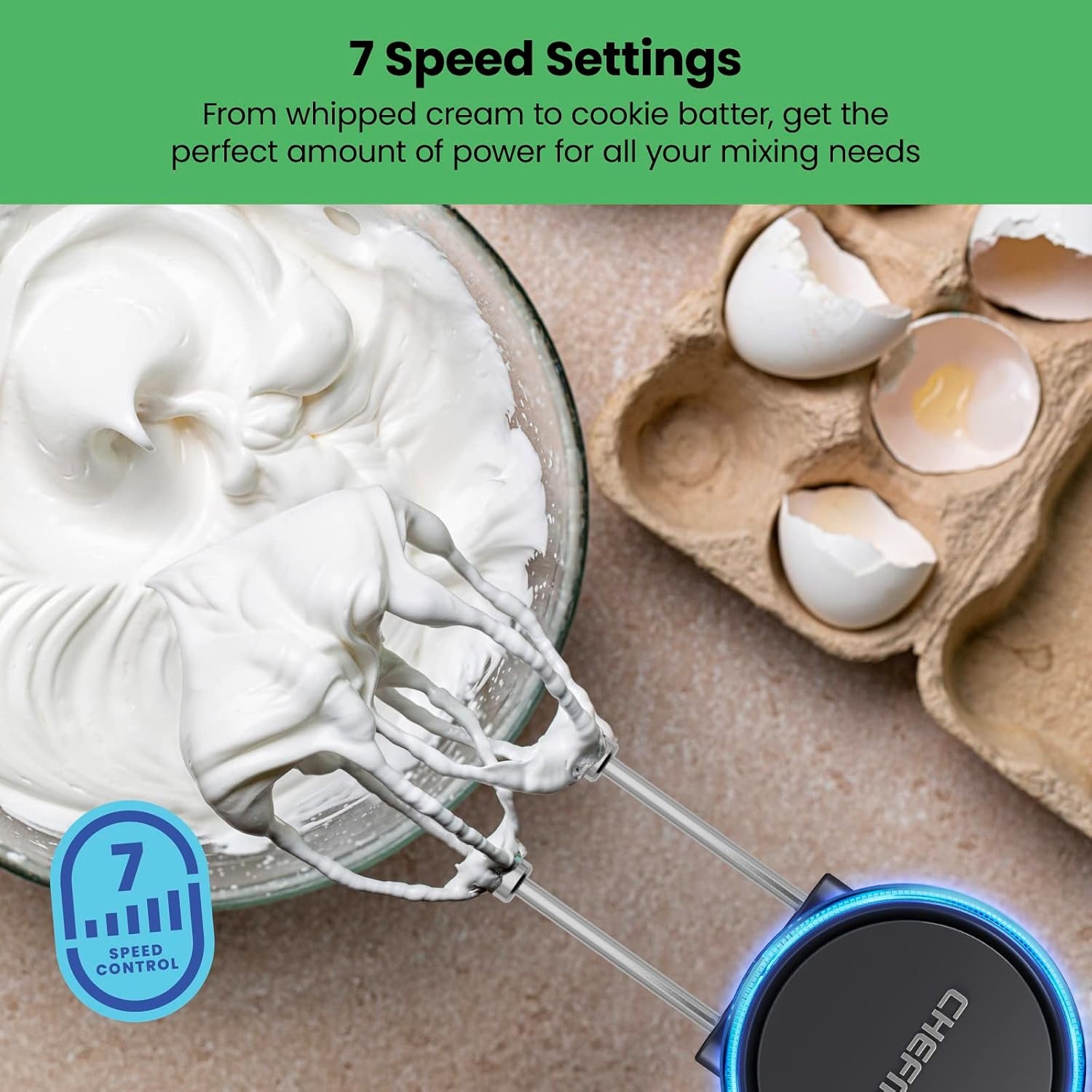 image:imageChefman Cordless Hand Mixer 7 Speed Electric Handheld Kitchen Food Mixer Easily Whisk Eggs Whip Cream or Mix Cookie Dough Digital Display Dishwasher Safe Parts and LED Charge Indicator LightCordless Hand Mixer
