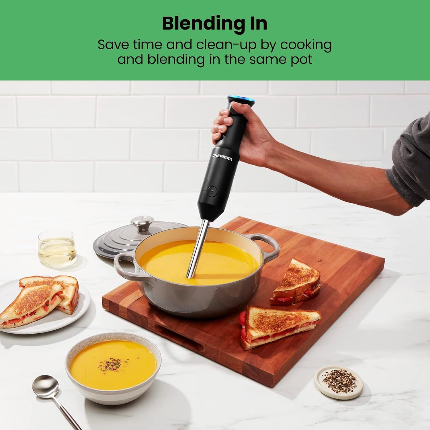 image:imageChefman Cordless Portable Immersion Blender with OneTouch Speed Control Quick Mix for Shakes Smoothies Soups Dips Sauces Black Stainless Steel Blades BPAFree Dishwasher Safe