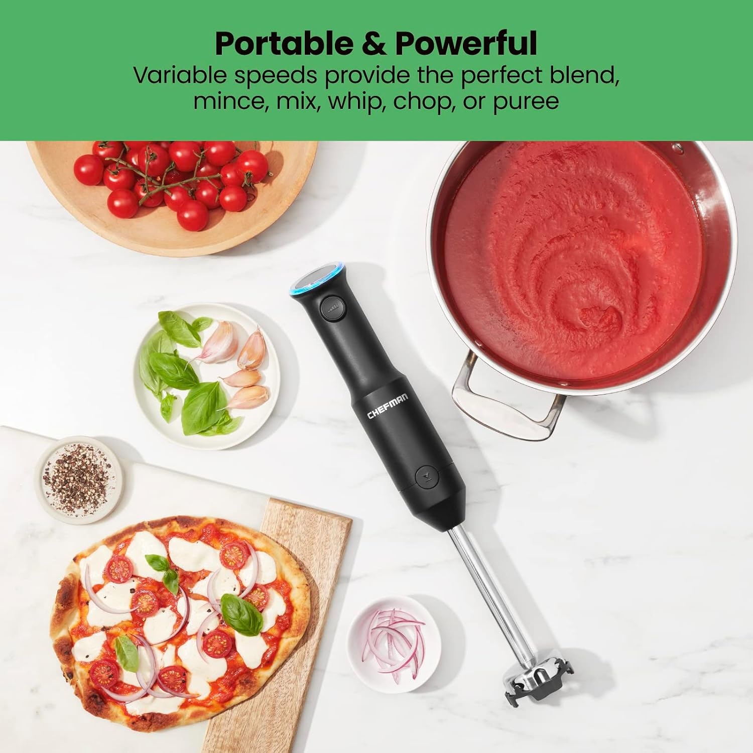 image:imageChefman Cordless Portable Immersion Blender with OneTouch Speed Control Quick Mix for Shakes Smoothies Soups Dips Sauces Black Stainless Steel Blades BPAFree Dishwasher Safe
