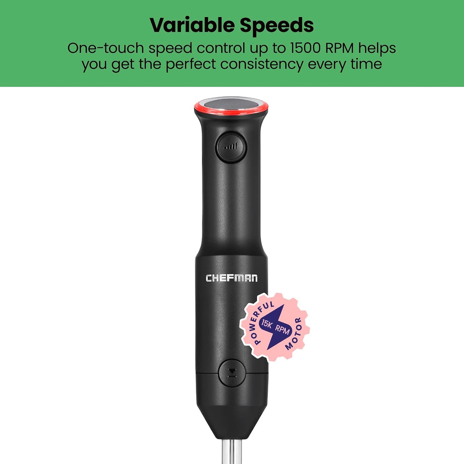 image:imageChefman Cordless Portable Immersion Blender with OneTouch Speed Control Quick Mix for Shakes Smoothies Soups Dips Sauces Black Stainless Steel Blades BPAFree Dishwasher Safe