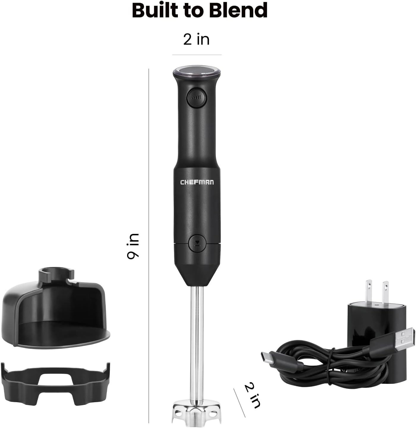 image:imageChefman Cordless Portable Immersion Blender with OneTouch Speed Control Quick Mix for Shakes Smoothies Soups Dips Sauces Black Stainless Steel Blades BPAFree Dishwasher Safe