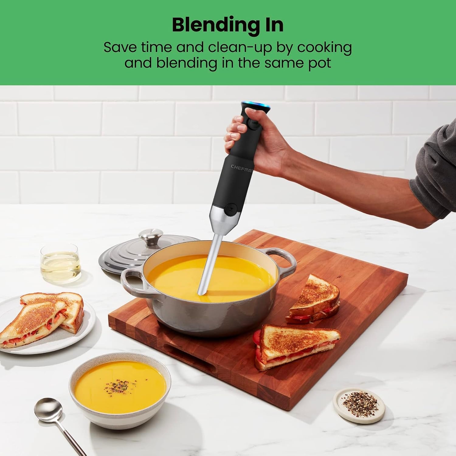 image:imageChefman Cordless Power Portable Immersion Blender Ice Crushing Power with OneTouch Speed Control USB Charging Quickly Mixes Smoothies Purees Soups Dips Sauces Storage Case Stainless SteelCordless Blender