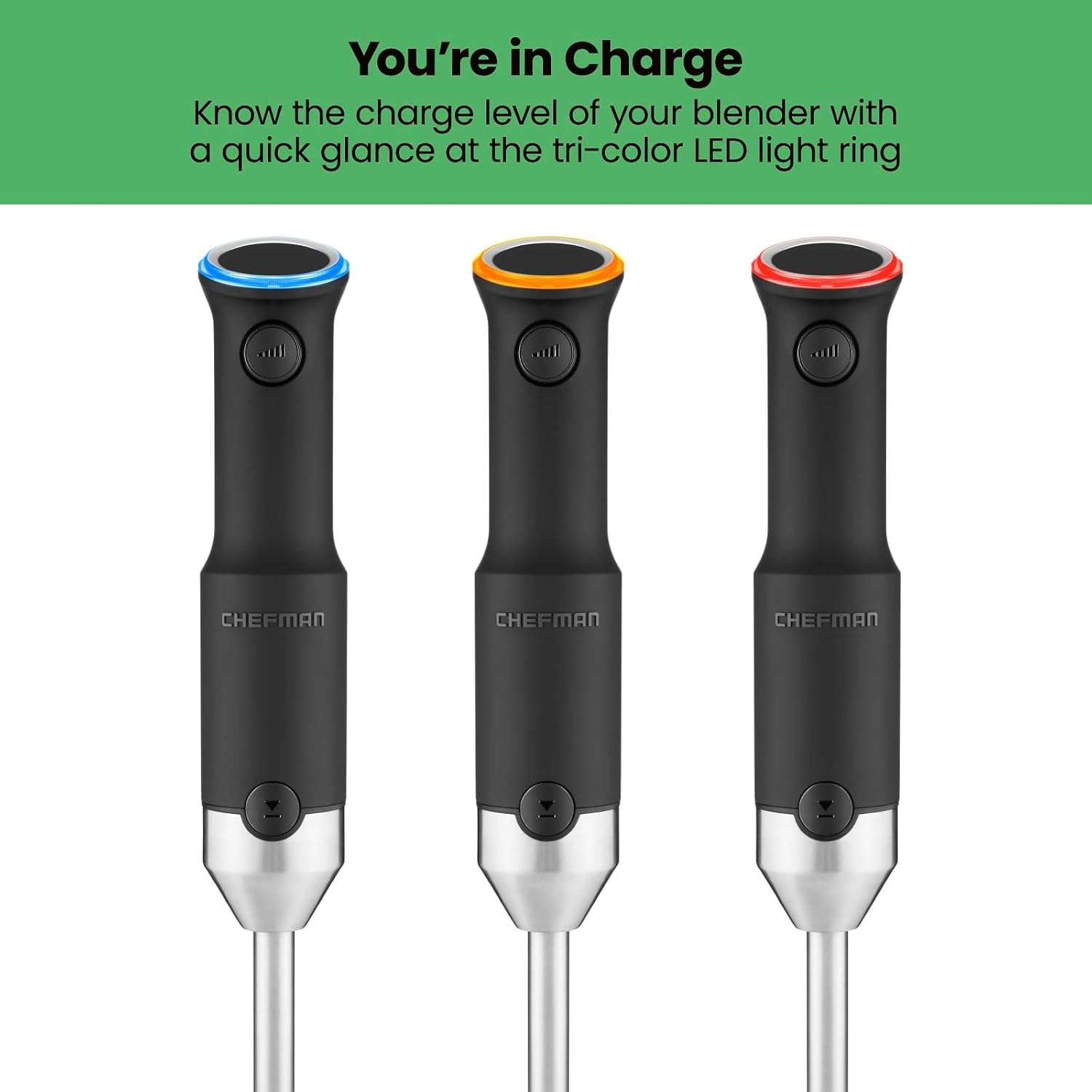 image:imageChefman Cordless Power Portable Immersion Blender Ice Crushing Power with OneTouch Speed Control USB Charging Quickly Mixes Smoothies Purees Soups Dips Sauces Storage Case Stainless SteelCordless Blender
