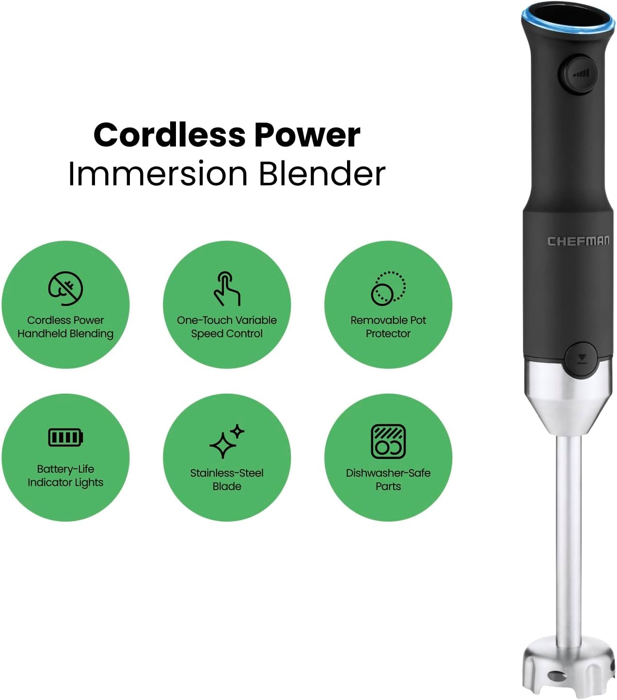 image:imageChefman Cordless Power Portable Immersion Blender Ice Crushing Power with OneTouch Speed Control USB Charging Quickly Mixes Smoothies Purees Soups Dips Sauces Storage Case Stainless SteelCordless Blender