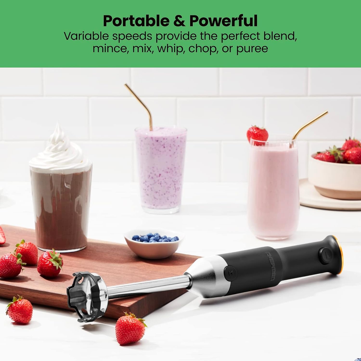 image:imageChefman Cordless Power Portable Immersion Blender Ice Crushing Power with OneTouch Speed Control USB Charging Quickly Mixes Smoothies Purees Soups Dips Sauces Storage Case Stainless SteelCordless Blender