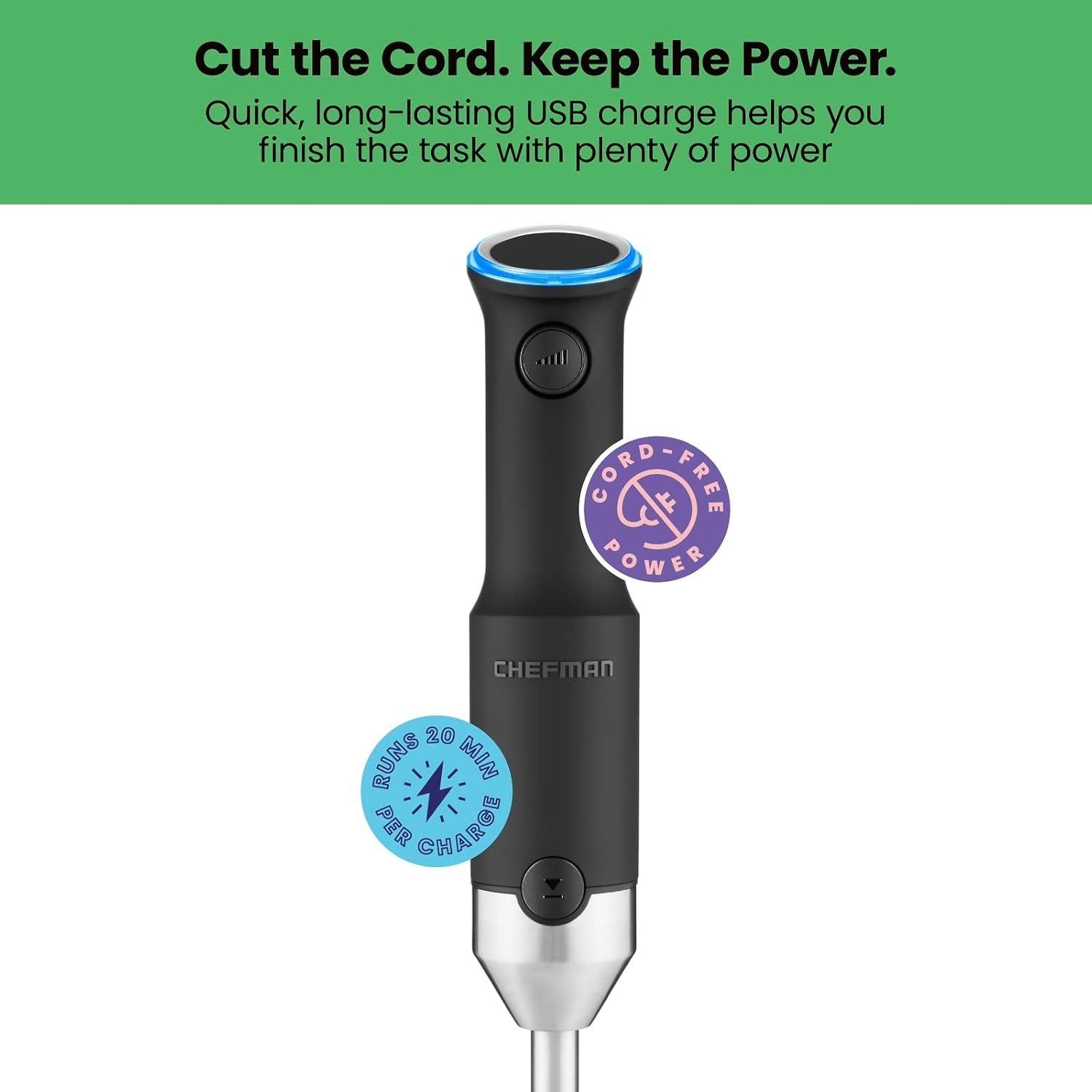 image:imageChefman Cordless Power Portable Immersion Blender Ice Crushing Power with OneTouch Speed Control USB Charging Quickly Mixes Smoothies Purees Soups Dips Sauces Storage Case Stainless SteelCordless Blender