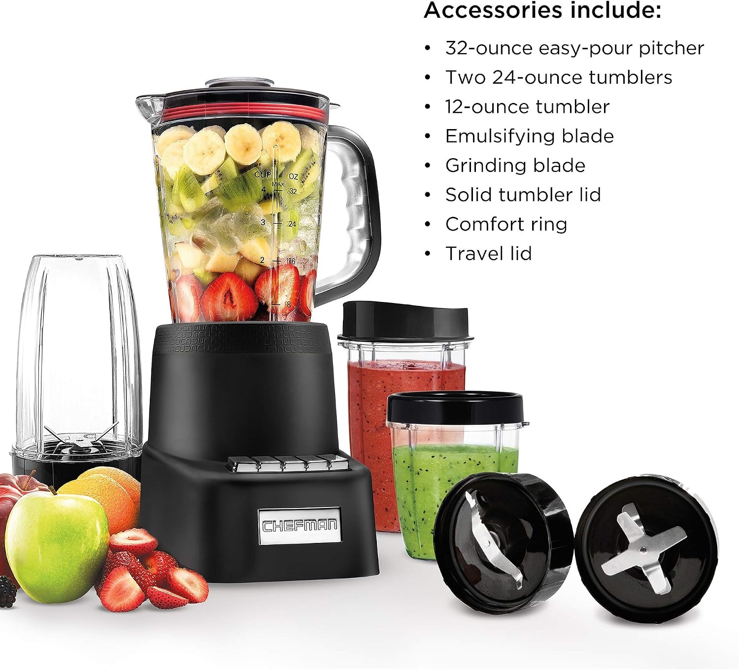 image:imageChefman Countertop Travel Dynamic Blending System 12Piece Set 3 Programmed Speeds amp Pulse Easy Ice Crushing for Shakes amp Smoothies DishwasherSafe 32Oz Pitcher 12Oz amp 2 24Oz Tumblers Black