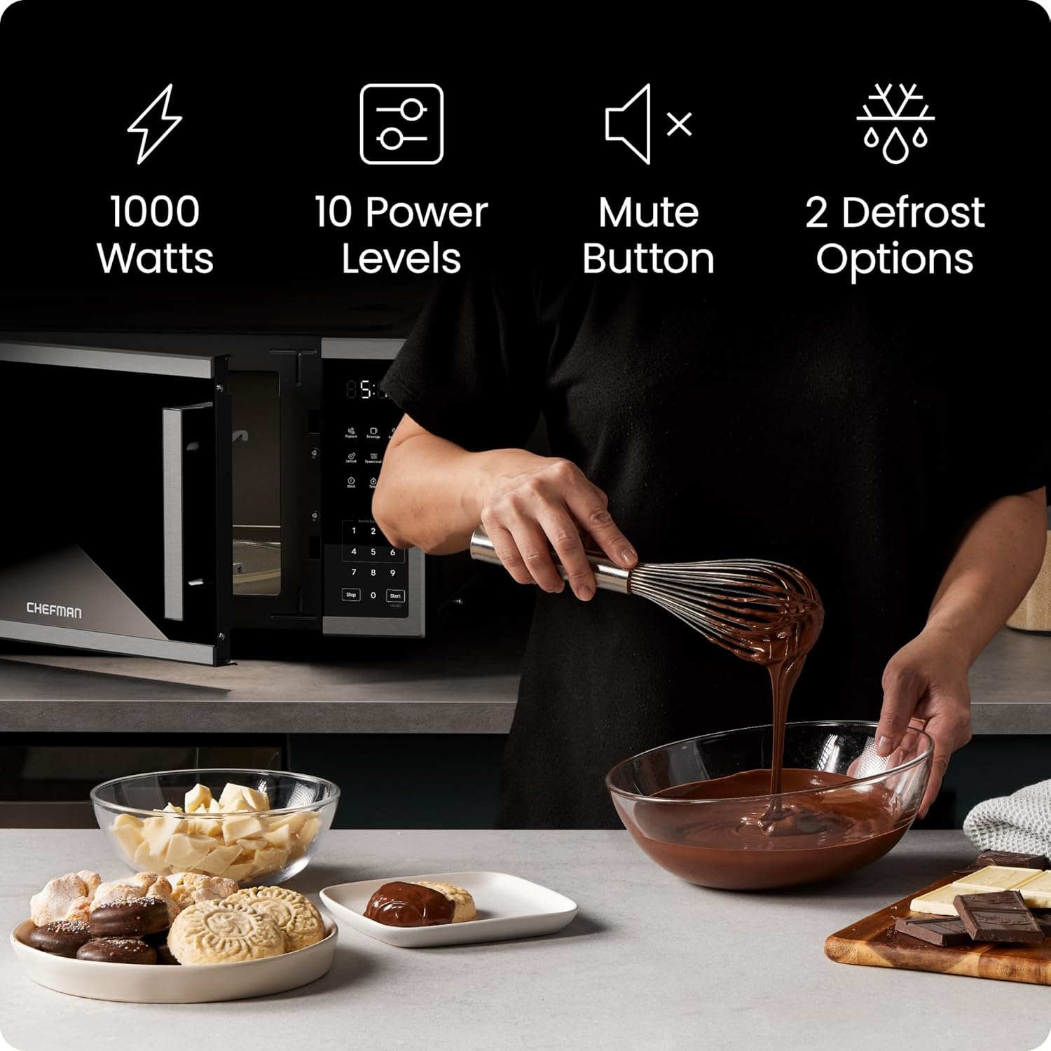 image:imageChefman Countertop Microwave Oven 09 Cu Ft 1000 Watts with 10 Power Levels 3 Cooking Presets with OneTouch Express Cook 2 Defrost Settings Child Safety Lock amp Mute Button Stainless Steel11 Cu Ft