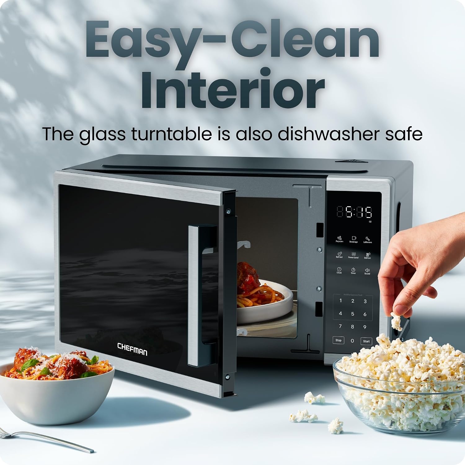 image:imageChefman Countertop Microwave Oven 09 Cu Ft 1000 Watts with 10 Power Levels 3 Cooking Presets with OneTouch Express Cook 2 Defrost Settings Child Safety Lock amp Mute Button Stainless Steel11 Cu Ft
