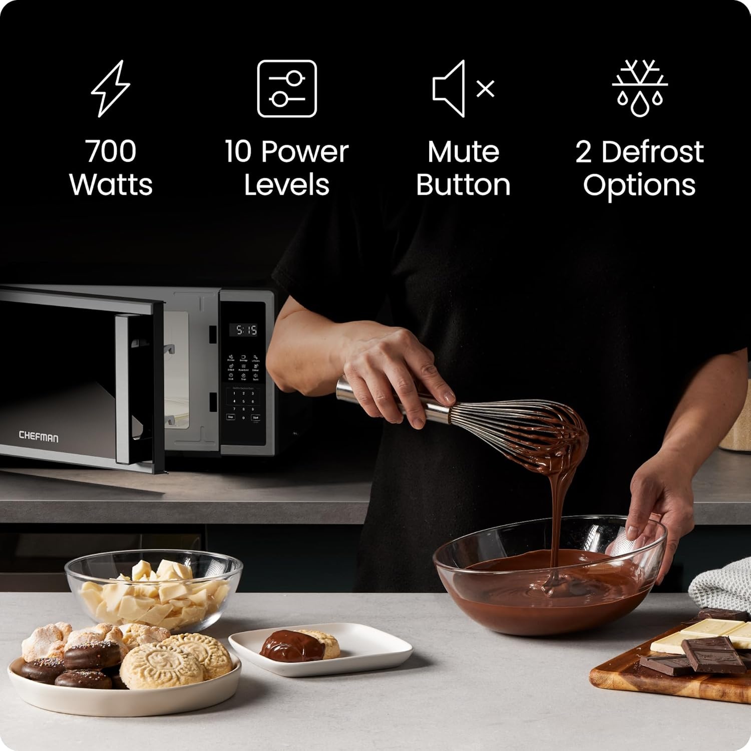 image:imageChefman Countertop Microwave Oven 09 Cu Ft 1000 Watts with 10 Power Levels 3 Cooking Presets with OneTouch Express Cook 2 Defrost Settings Child Safety Lock amp Mute Button Stainless Steel07 Cu Ft