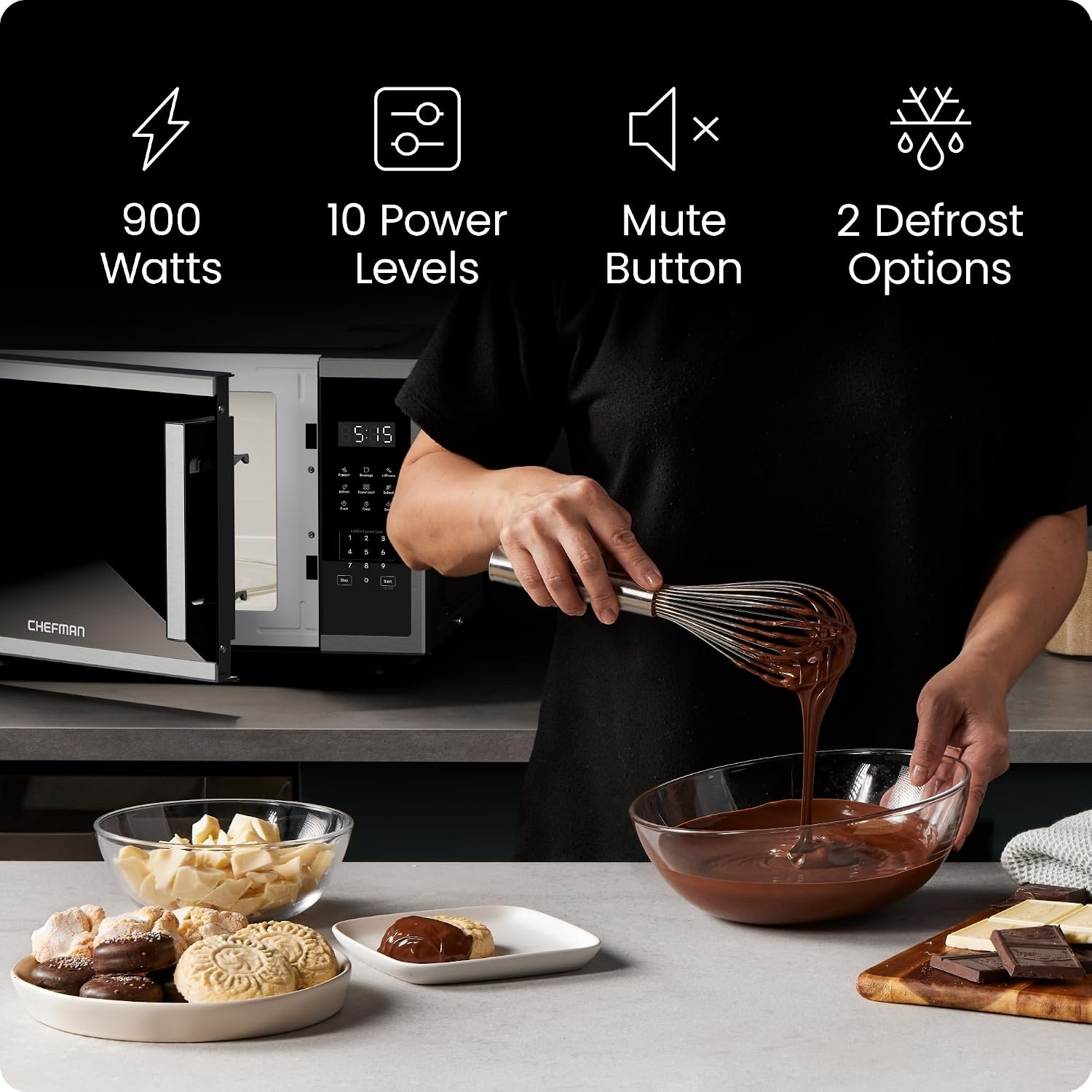 image:imageChefman Countertop Microwave Oven 09 Cu Ft 1000 Watts with 10 Power Levels 3 Cooking Presets with OneTouch Express Cook 2 Defrost Settings Child Safety Lock amp Mute Button Stainless Steel09 Cu Ft
