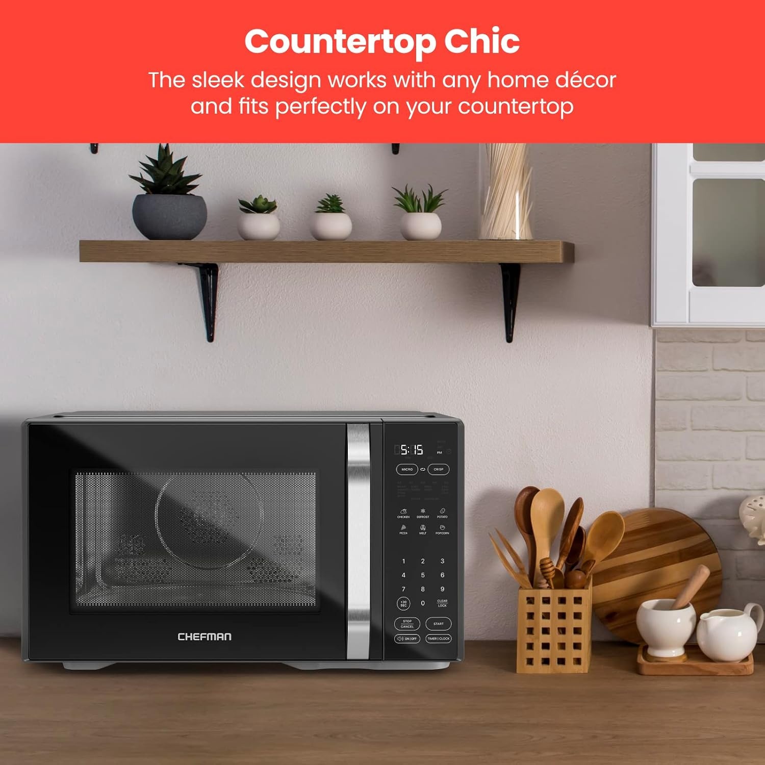 image:imageChefman Countertop Microwave Oven 09 Cu Ft Digital Stainless Steel Microwave 900 Watt with 6 Presets Eco Mode Mute Option Memory Function Child Safety Lock Kitchen Home Dorm Essentials1 Cu Ft MicroCrisp