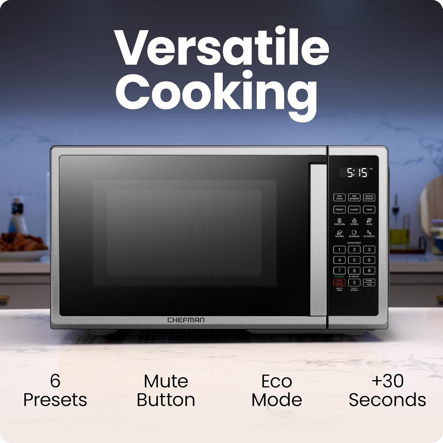 image:imageChefman Countertop Microwave Oven 09 Cu Ft Digital Stainless Steel Microwave 900 Watt with 6 Presets Eco Mode Mute Option Memory Function Child Safety Lock Kitchen Home Dorm Essentials09 Cu Ft