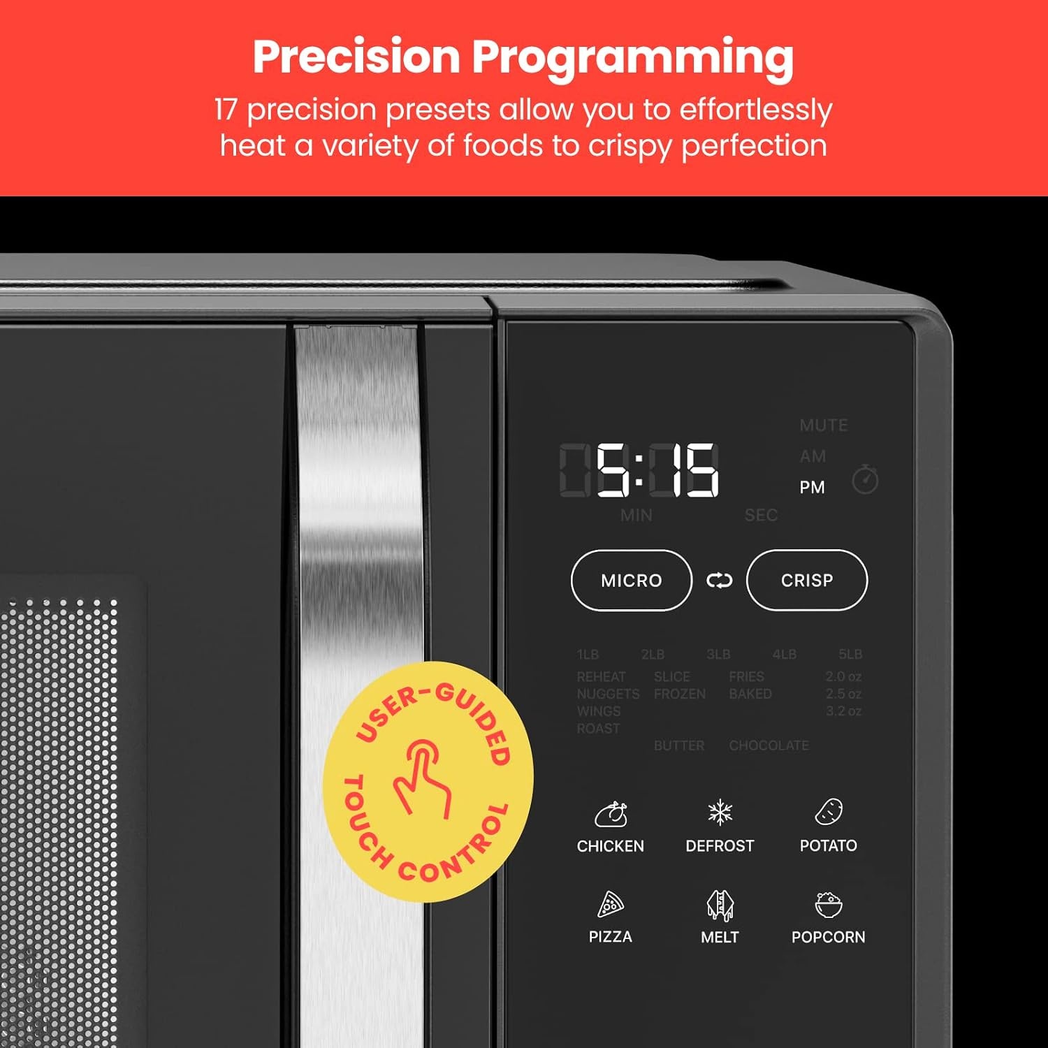 image:imageChefman Countertop Microwave Oven 09 Cu Ft Digital Stainless Steel Microwave 900 Watt with 6 Presets Eco Mode Mute Option Memory Function Child Safety Lock Kitchen Home Dorm Essentials1 Cu Ft MicroCrisp