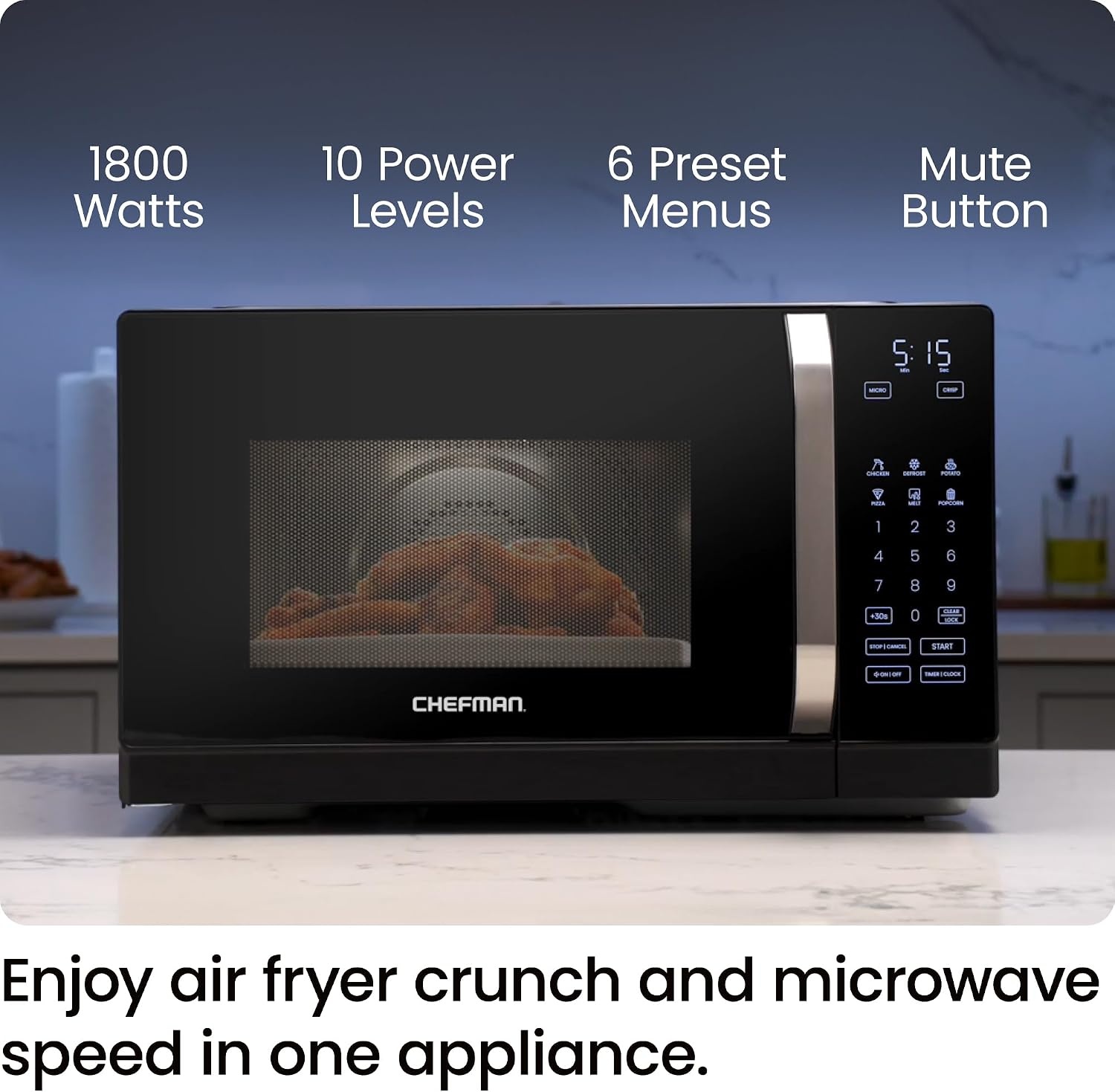 image:imageChefman Countertop Microwave Oven 09 Cu Ft Digital Stainless Steel Microwave 900 Watt with 6 Presets Eco Mode Mute Option Memory Function Child Safety Lock Kitchen Home Dorm Essentials08 Cu Ft MicroCrisp