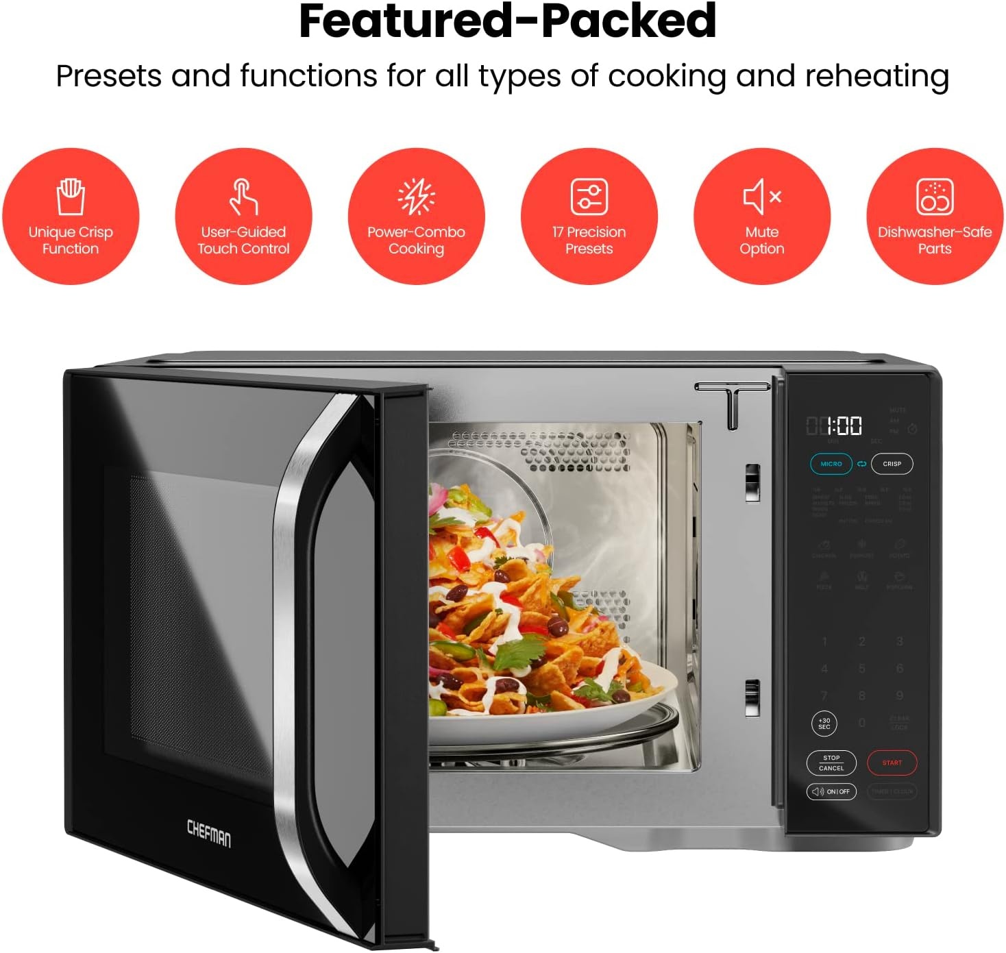 image:imageChefman Countertop Microwave Oven 09 Cu Ft Digital Stainless Steel Microwave 900 Watt with 6 Presets Eco Mode Mute Option Memory Function Child Safety Lock Kitchen Home Dorm Essentials1 Cu Ft MicroCrisp