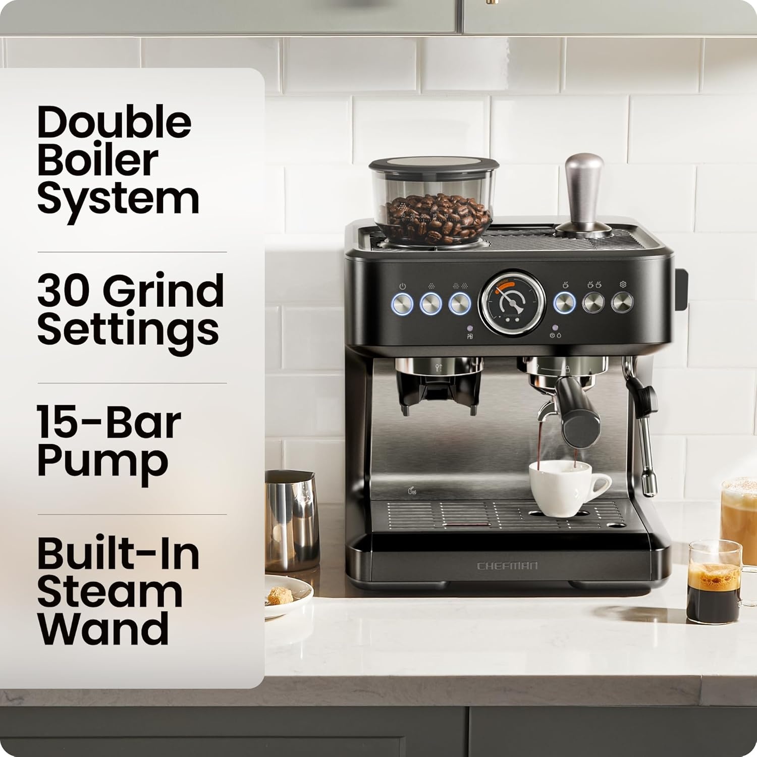 image:imageChefman Crema Deluxe Espresso Machine with Double Boiler Use Milk Frother and Brew Espresso Simultaneously Professional Coffee Maker with Coffee Grinder and Steam Wand 30 Grind SettingsLarge