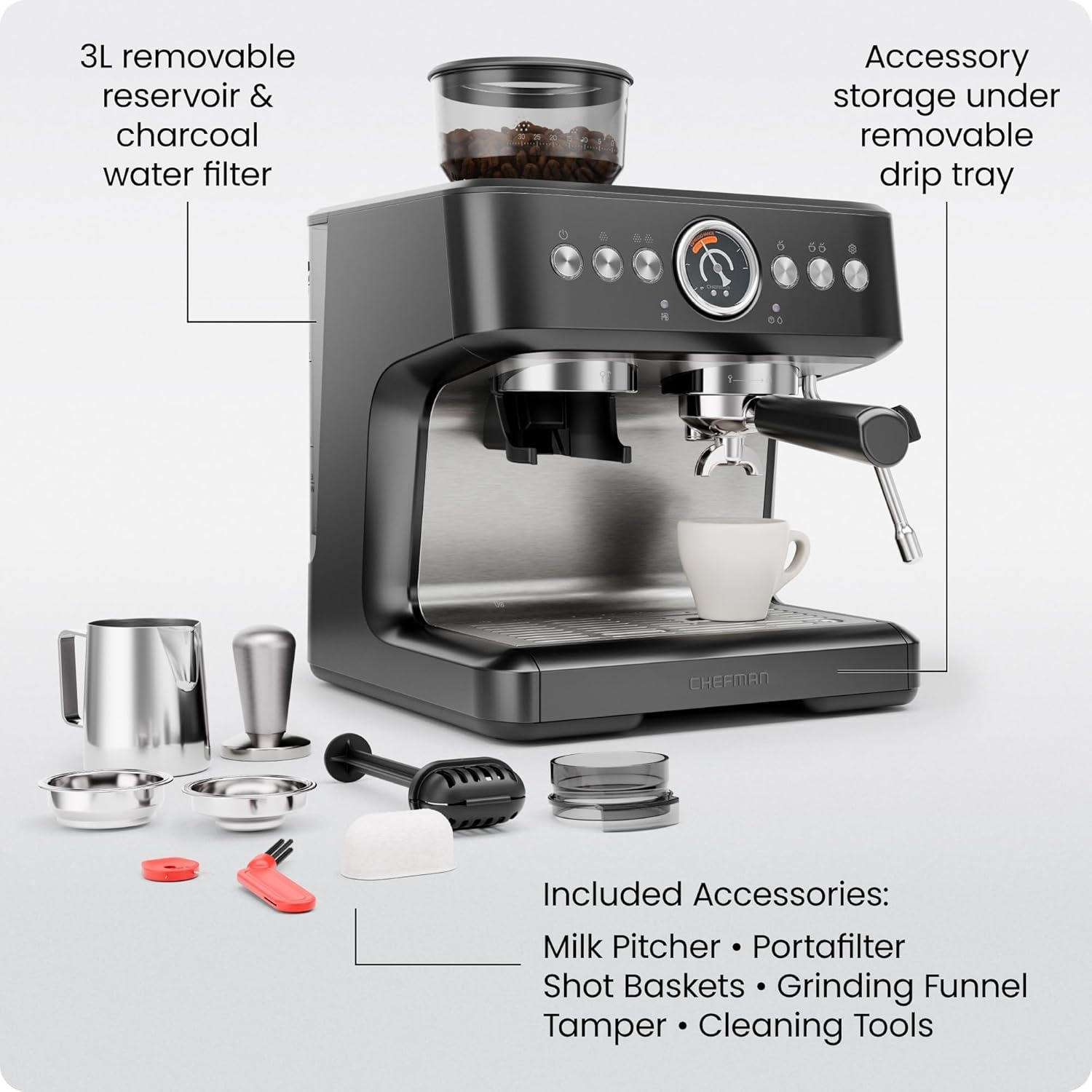 image:imageChefman Crema Deluxe Espresso Machine with Double Boiler Use Milk Frother and Brew Espresso Simultaneously Professional Coffee Maker with Coffee Grinder and Steam Wand 30 Grind SettingsLarge