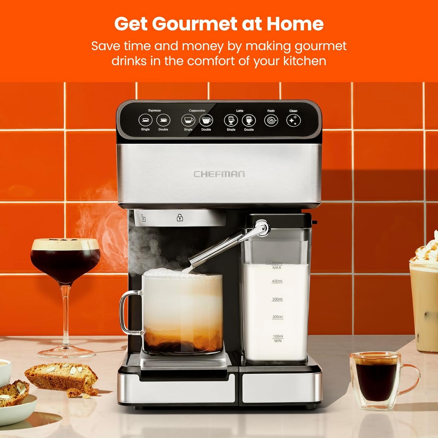 image:imageChefman Crema Deluxe Espresso Machine with Double Boiler Use Milk Frother and Brew Espresso Simultaneously Professional Coffee Maker with Coffee Grinder and Steam Wand 30 Grind SettingsCompact