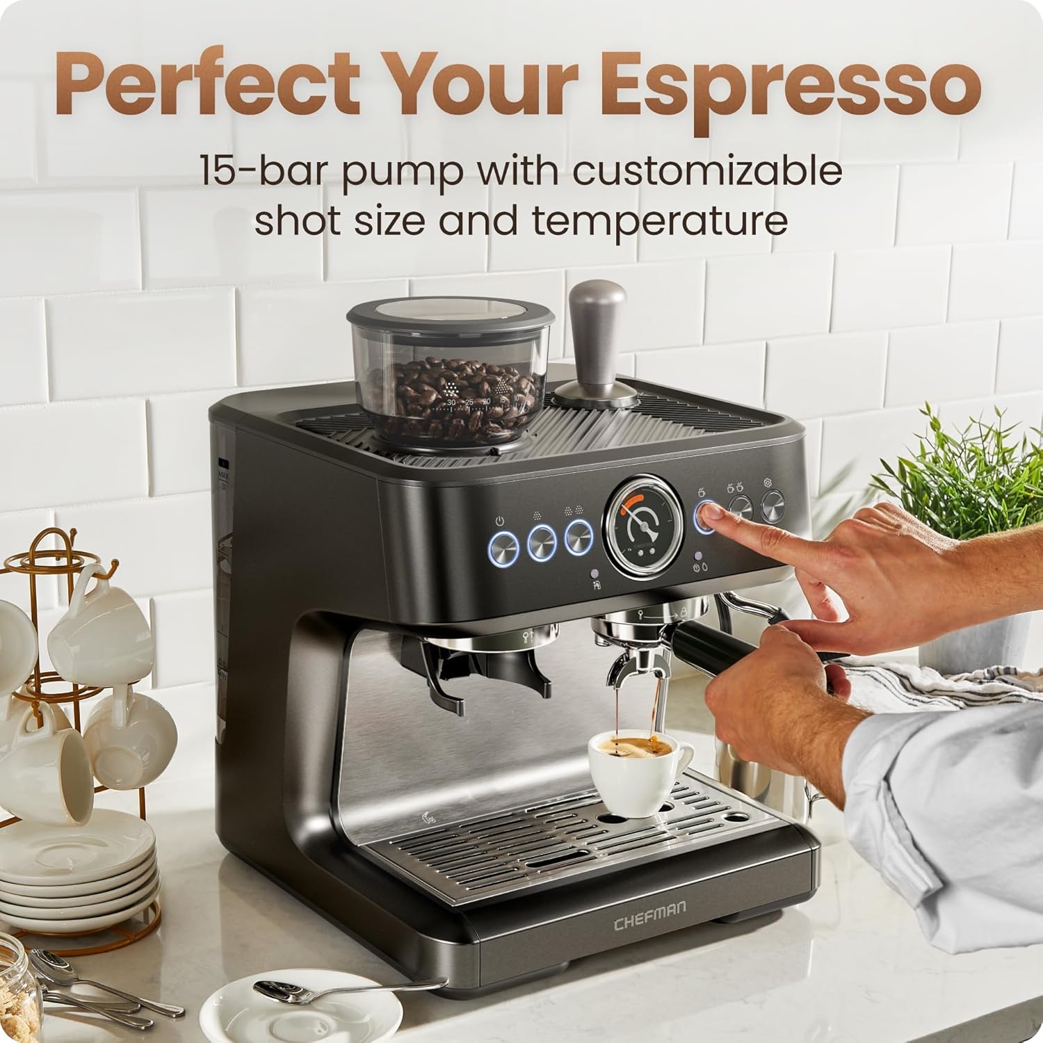 image:imageChefman Crema Deluxe Espresso Machine with Double Boiler Use Milk Frother and Brew Espresso Simultaneously Professional Coffee Maker with Coffee Grinder and Steam Wand 30 Grind SettingsLarge