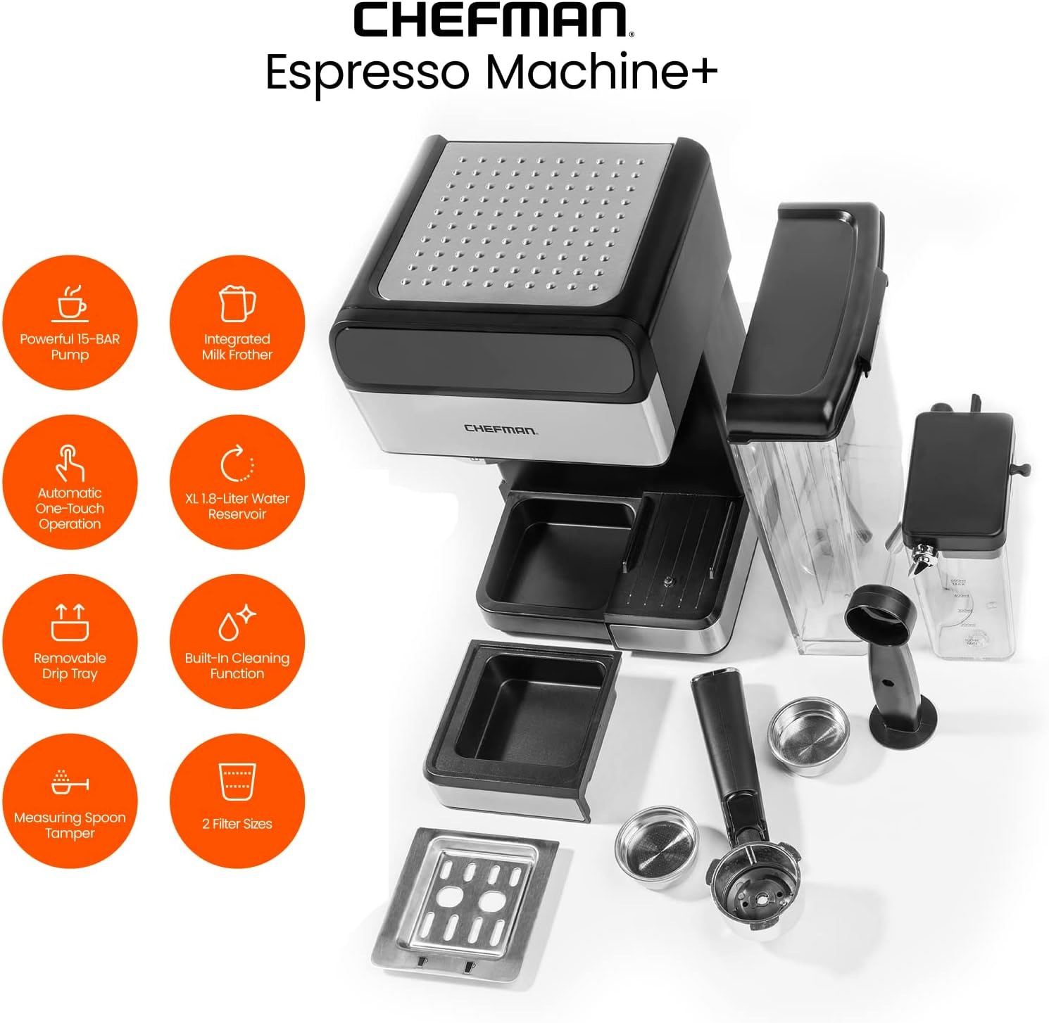 image:imageChefman Crema Deluxe Espresso Machine with Double Boiler Use Milk Frother and Brew Espresso Simultaneously Professional Coffee Maker with Coffee Grinder and Steam Wand 30 Grind SettingsCompact