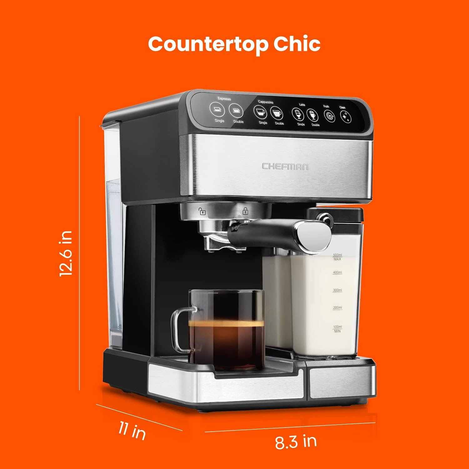 image:imageChefman Crema Deluxe Espresso Machine with Double Boiler Use Milk Frother and Brew Espresso Simultaneously Professional Coffee Maker with Coffee Grinder and Steam Wand 30 Grind SettingsCompact