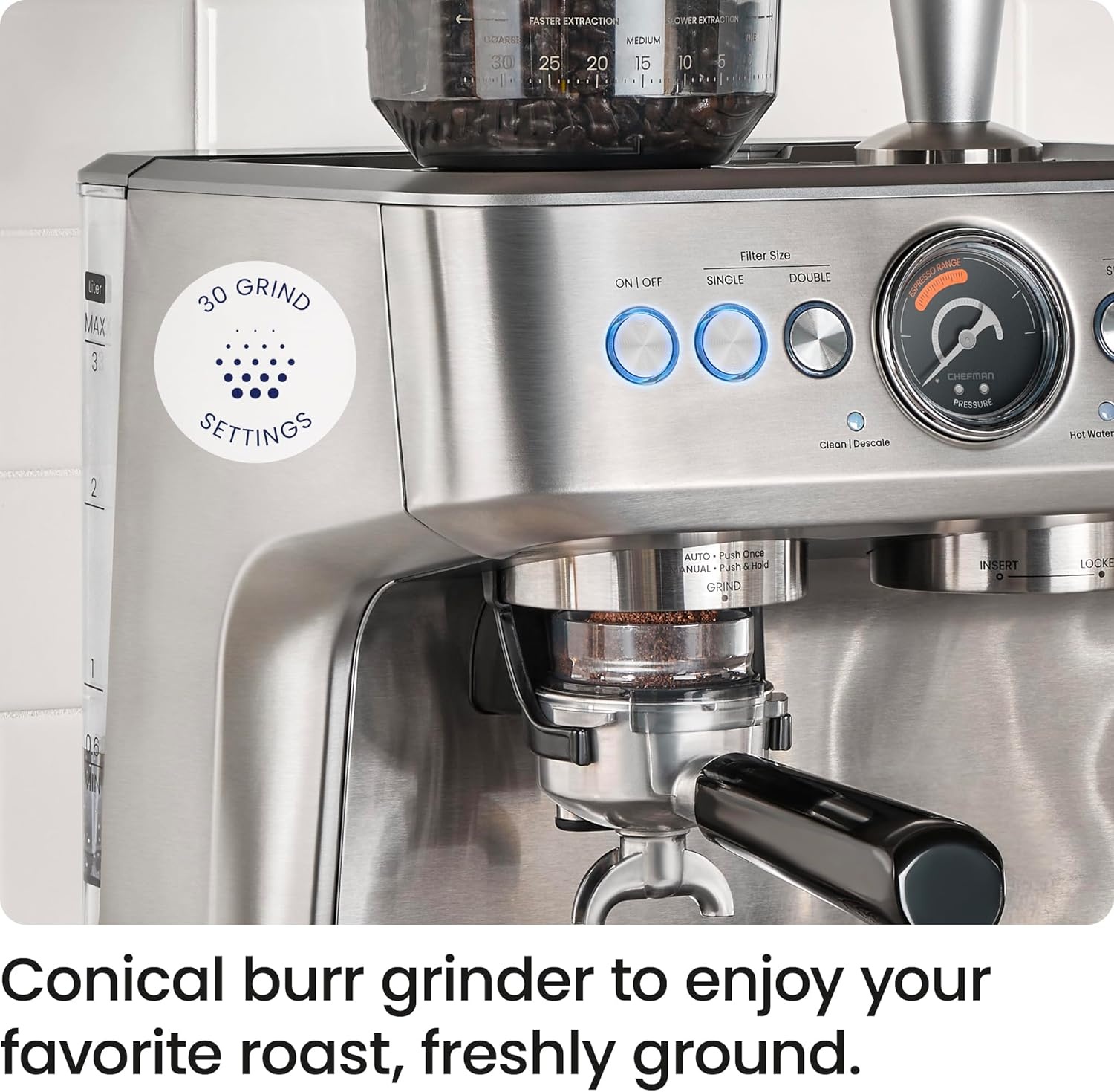 image:imageChefman Crema Supreme 15 Bar Espresso Machine with Milk Frother Barista Steam Wand Professional Coffee Maker with Coffee Grinder 30 Grind Settings 3L Removable Water Tank Stainless SteelLarge