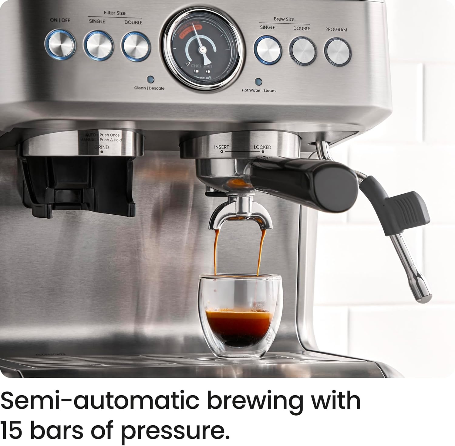 image:imageChefman Crema Supreme 15 Bar Espresso Machine with Milk Frother Barista Steam Wand Professional Coffee Maker with Coffee Grinder 30 Grind Settings 3L Removable Water Tank Stainless SteelLarge