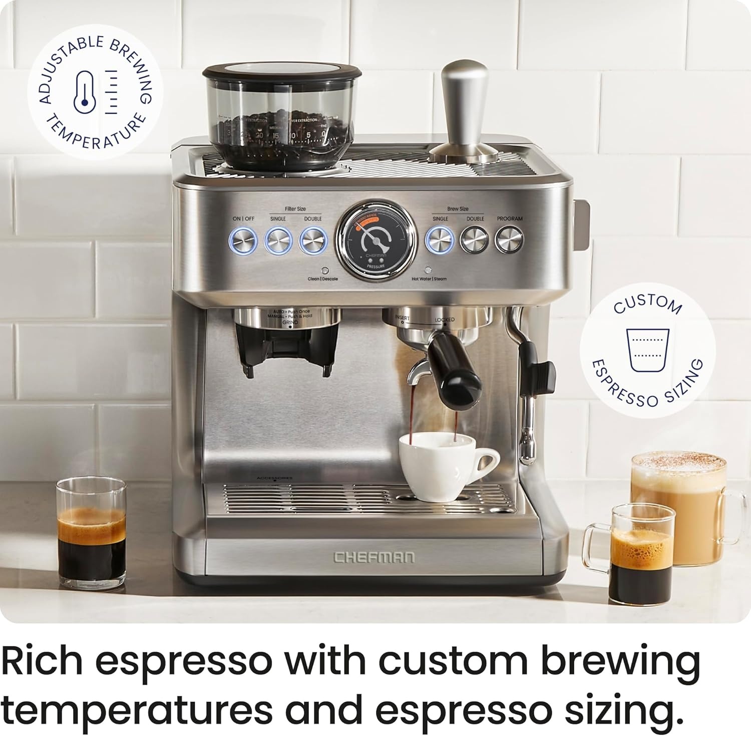 image:imageChefman Crema Supreme 15 Bar Espresso Machine with Milk Frother Barista Steam Wand Professional Coffee Maker with Coffee Grinder 30 Grind Settings 3L Removable Water Tank Stainless SteelLarge