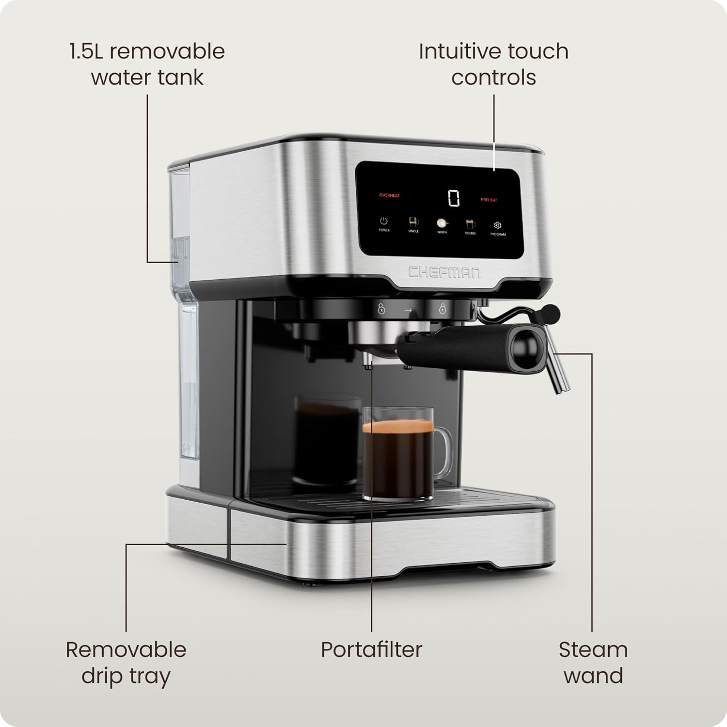 image:imageChefman Crema Supreme 15 Bar Espresso Machine with Milk Frother Barista Steam Wand Professional Coffee Maker with Coffee Grinder 30 Grind Settings 3L Removable Water Tank Stainless SteelSmall