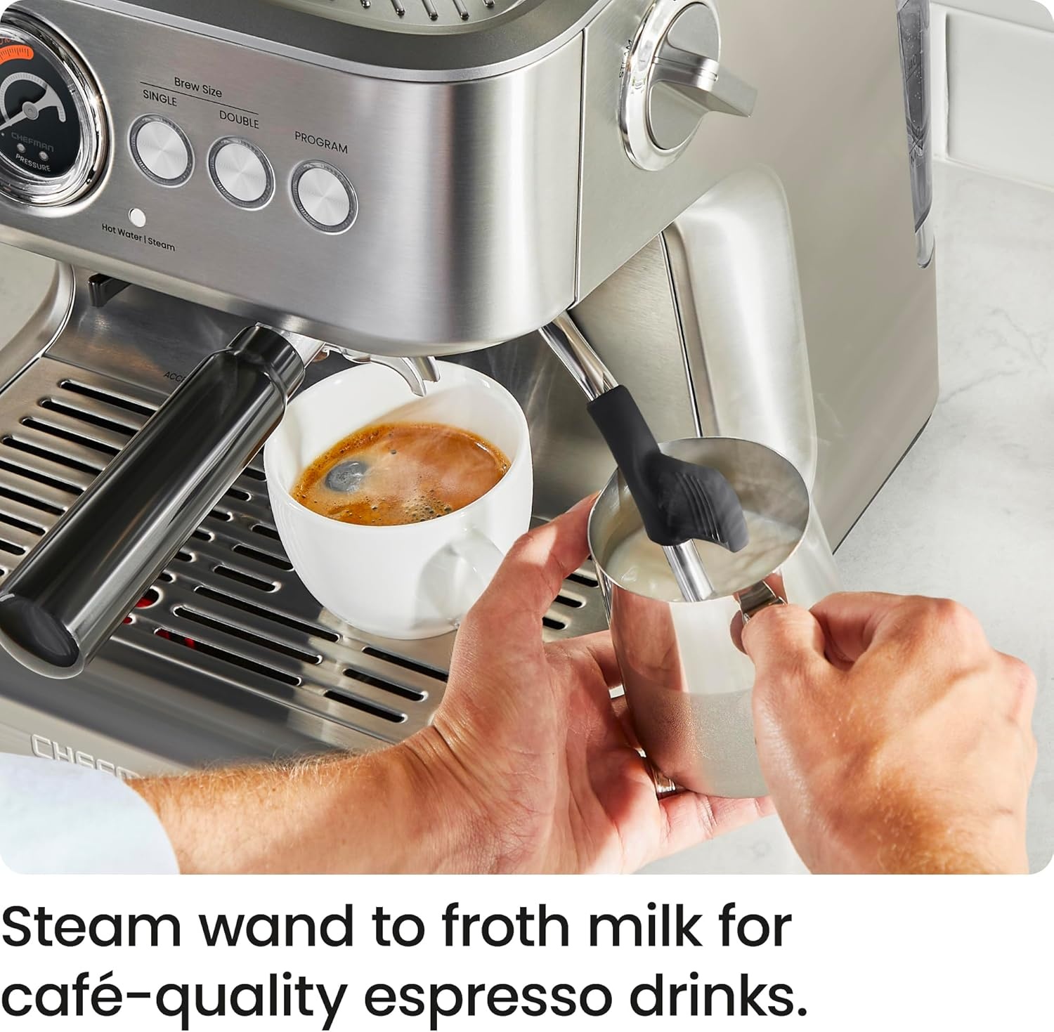 image:imageChefman Crema Supreme 15 Bar Espresso Machine with Milk Frother Barista Steam Wand Professional Coffee Maker with Coffee Grinder 30 Grind Settings 3L Removable Water Tank Stainless SteelLarge