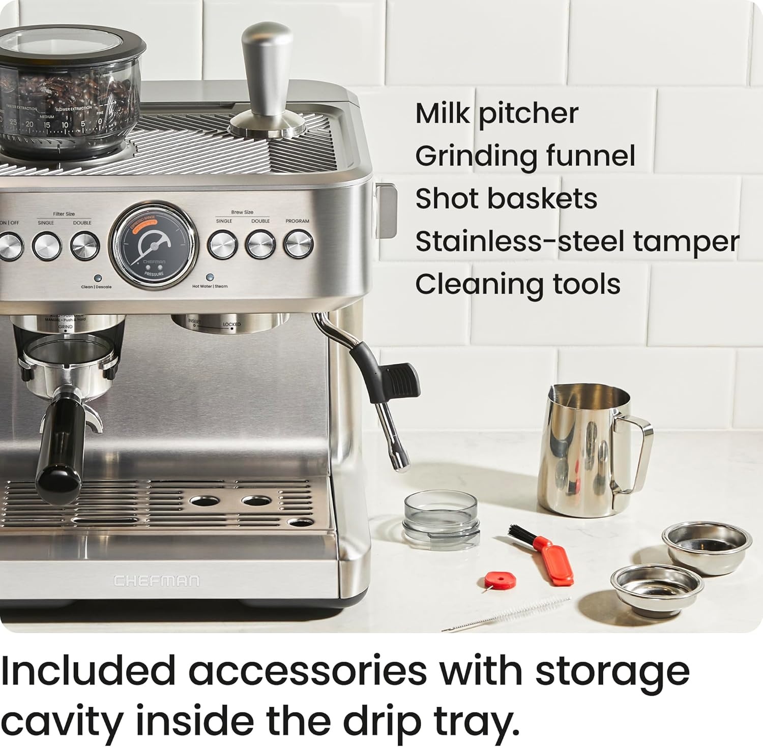 image:imageChefman Crema Supreme 15 Bar Espresso Machine with Milk Frother Barista Steam Wand Professional Coffee Maker with Coffee Grinder 30 Grind Settings 3L Removable Water Tank Stainless SteelLarge