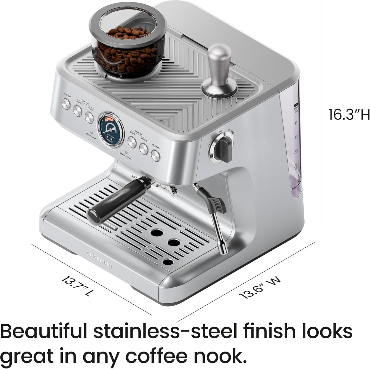 image:imageChefman Crema Supreme 15 Bar Espresso Machine with Milk Frother Barista Steam Wand Professional Coffee Maker with Coffee Grinder 30 Grind Settings 3L Removable Water Tank Stainless SteelLarge