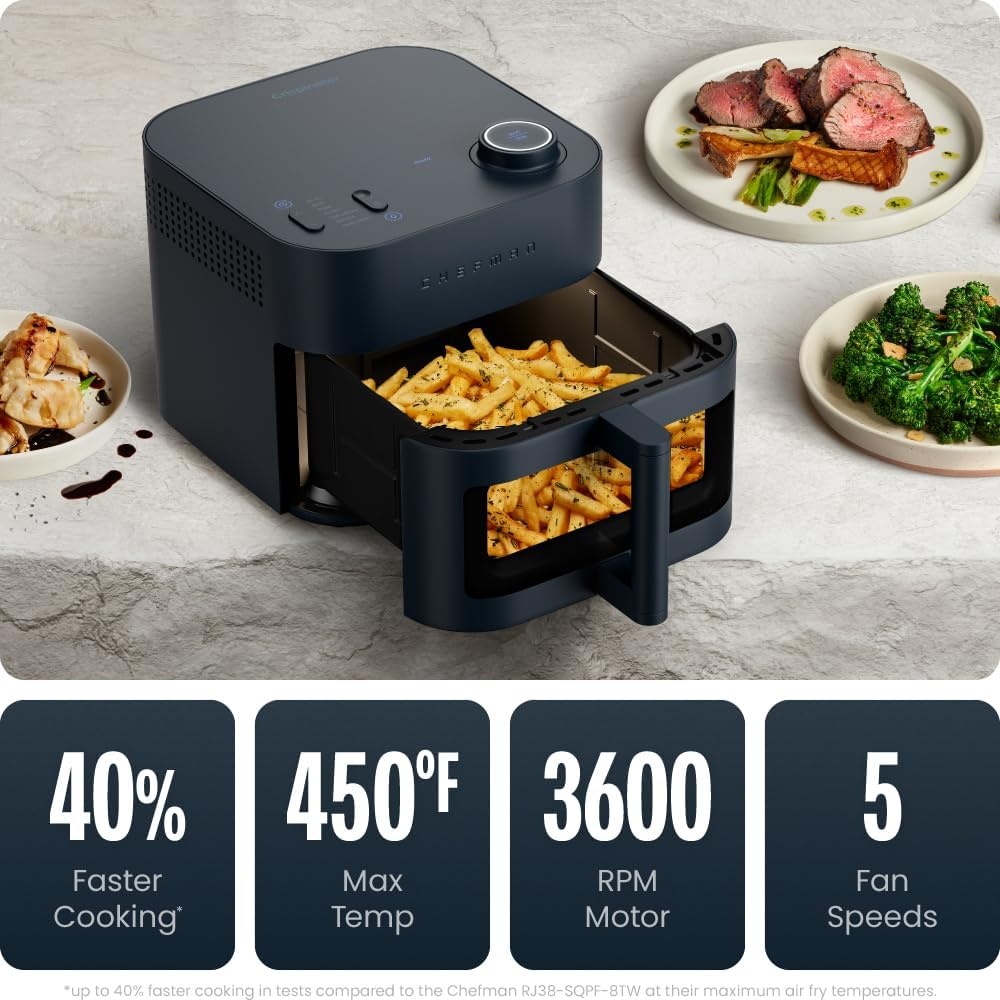 image:imageChefman Crispinator Air Fryer 6in1 with 8 Qt capacity 450F Max Temp with TurboFry Pro Technology for Fast and Even Results Viewing Window Nonstick Ceramic BasketMidnight