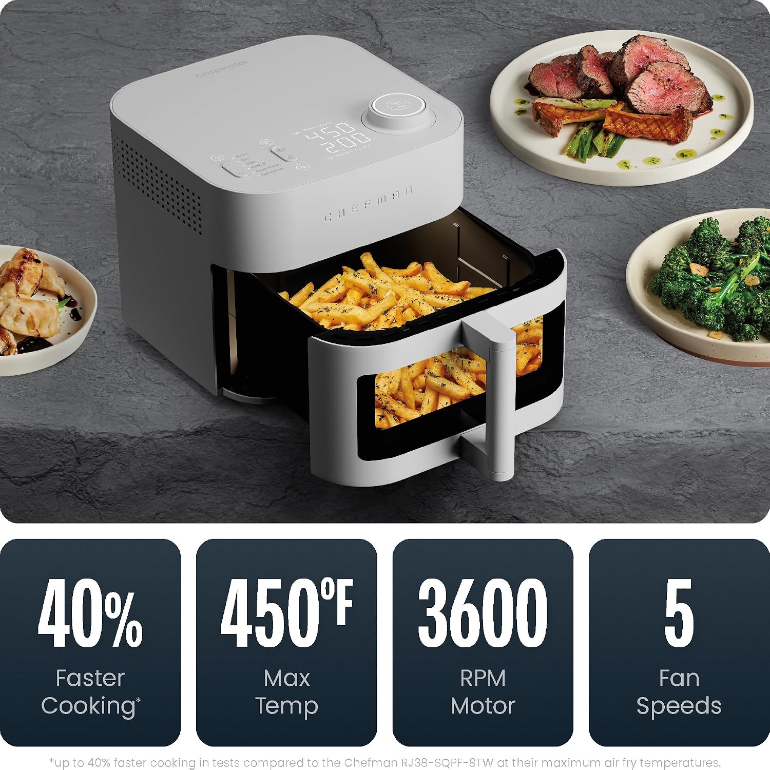image:imageChefman Crispinator Air Fryer 6in1 with 8 Qt capacity 450F Max Temp with TurboFry Pro Technology for Fast and Even Results Viewing Window Nonstick Ceramic BasketConcrete
