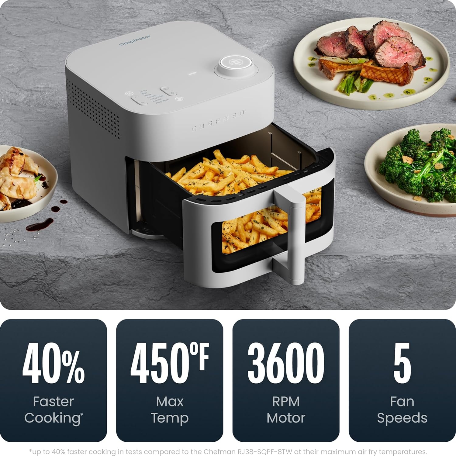 image:imageChefman Crispinator Air Fryer 6in1 with 8 Qt capacity 450F Max Temp with TurboFry Pro Technology for Fast and Even Results Viewing Window Nonstick Ceramic BasketConcrete